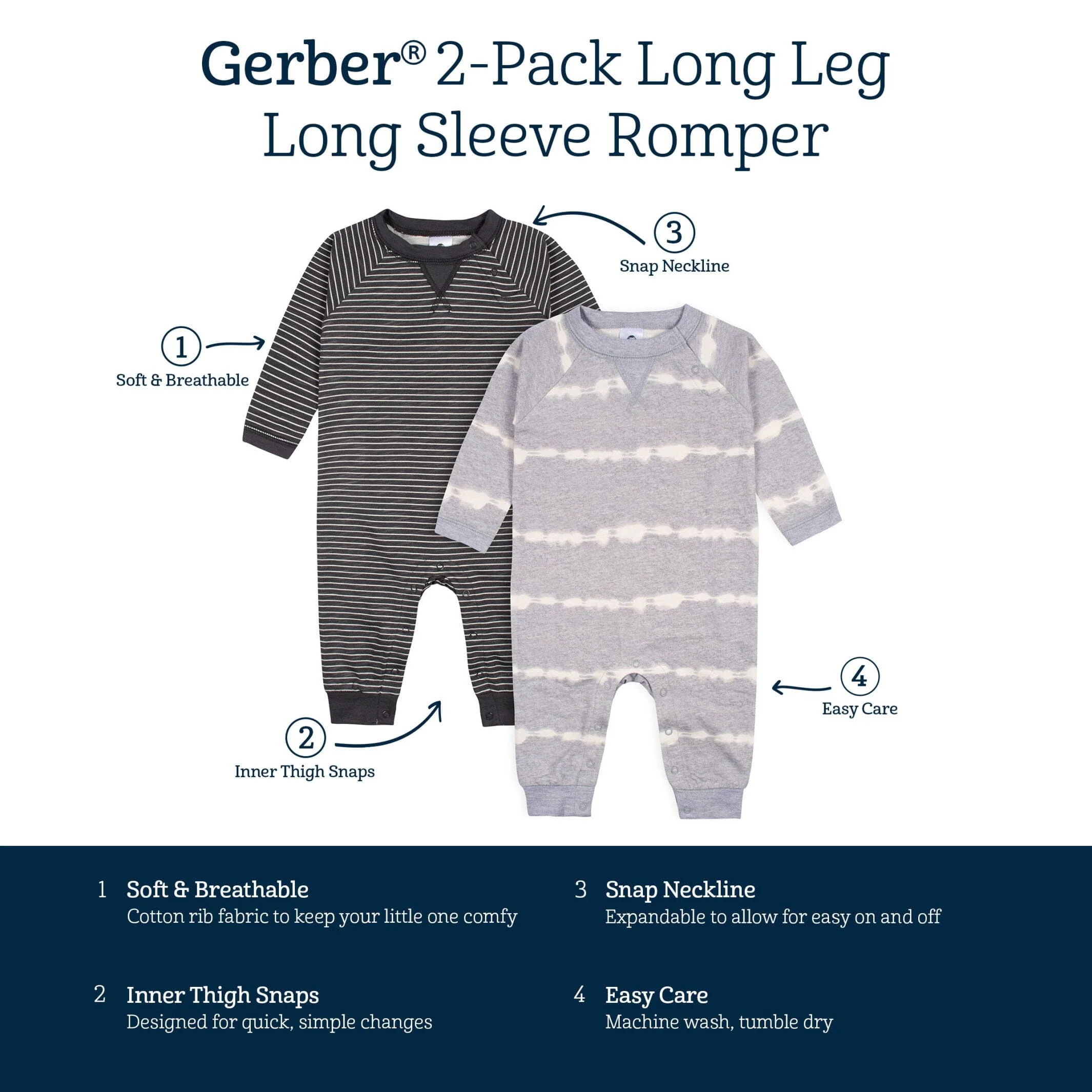 2-Pack Baby Boys Light Gray Tie Dye & Striped Raglan Sleeve Romper - Image 9