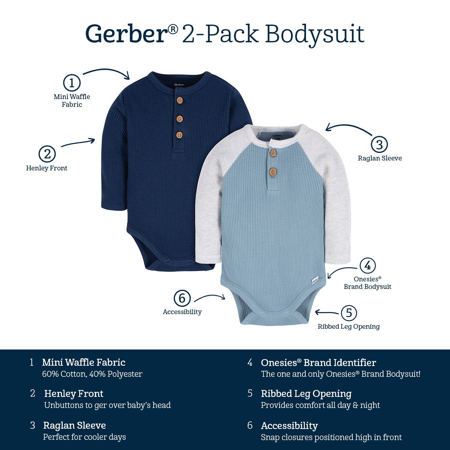 2-Pack Baby Boys Navy & Light Blue Long Sleeve Henley Onesies® Bodysuits - Image 8