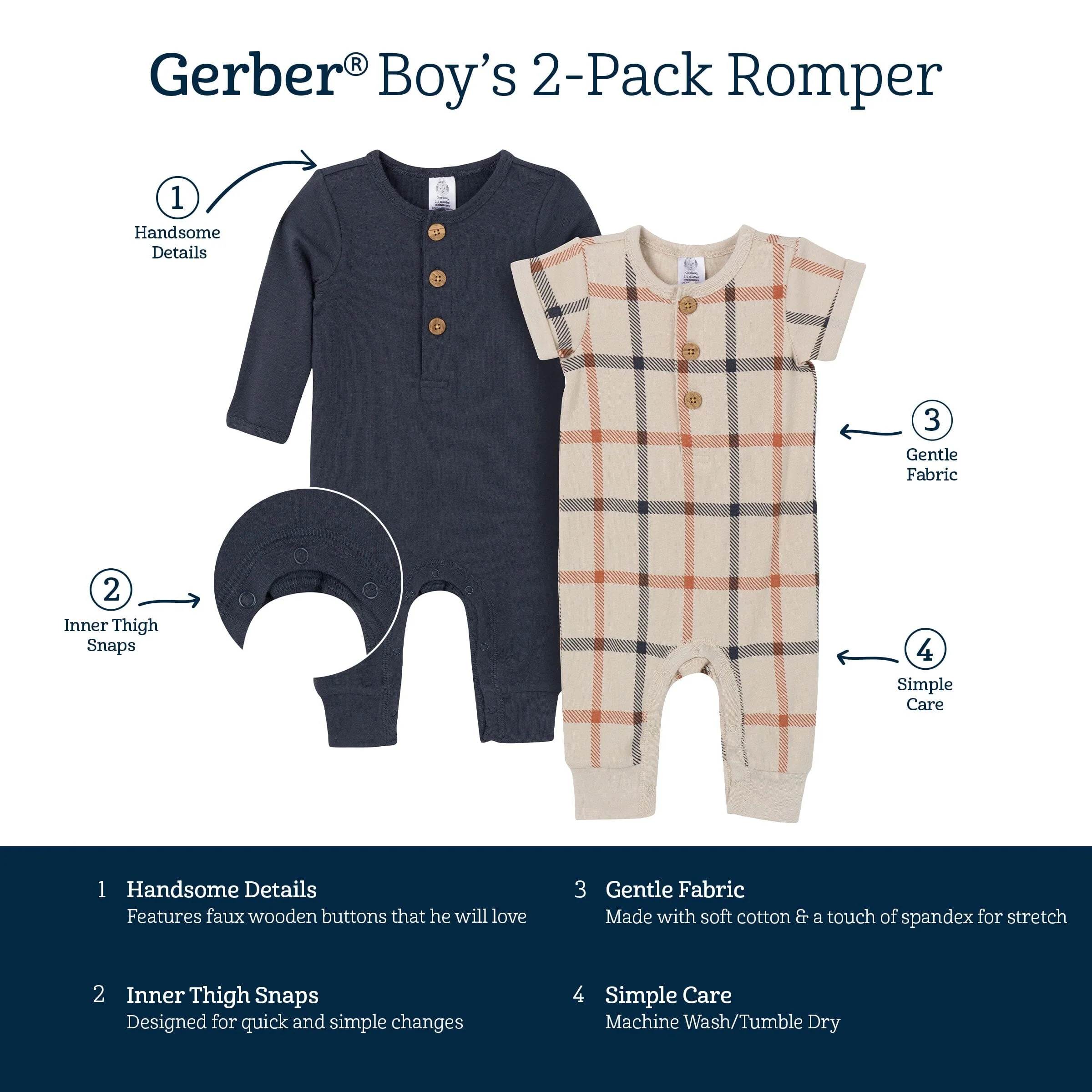 2-Pack Baby Boys Plaid & Navy Rompers - Image 8
