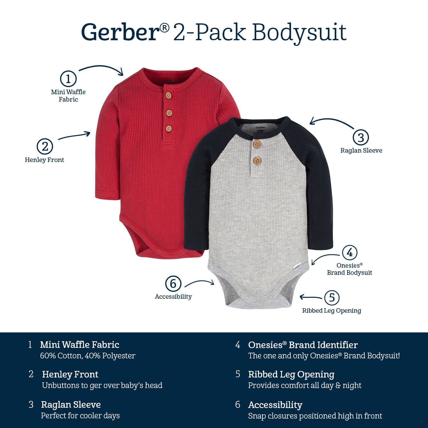 2-Pack Baby Boys Red & Heather Gray Long Sleeve Henley Onesies® Bodysuits - Image 9