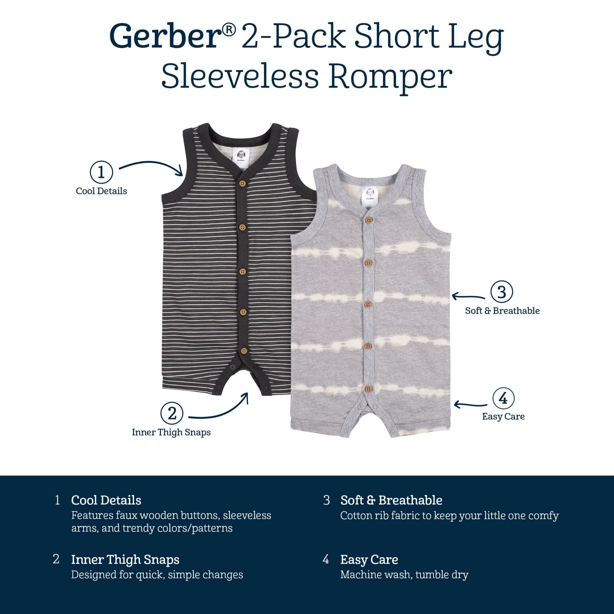 2-Pack Baby Boys Heather Gray Tie Dye & Striped Short Leg Sleeveless Romper - Image 7