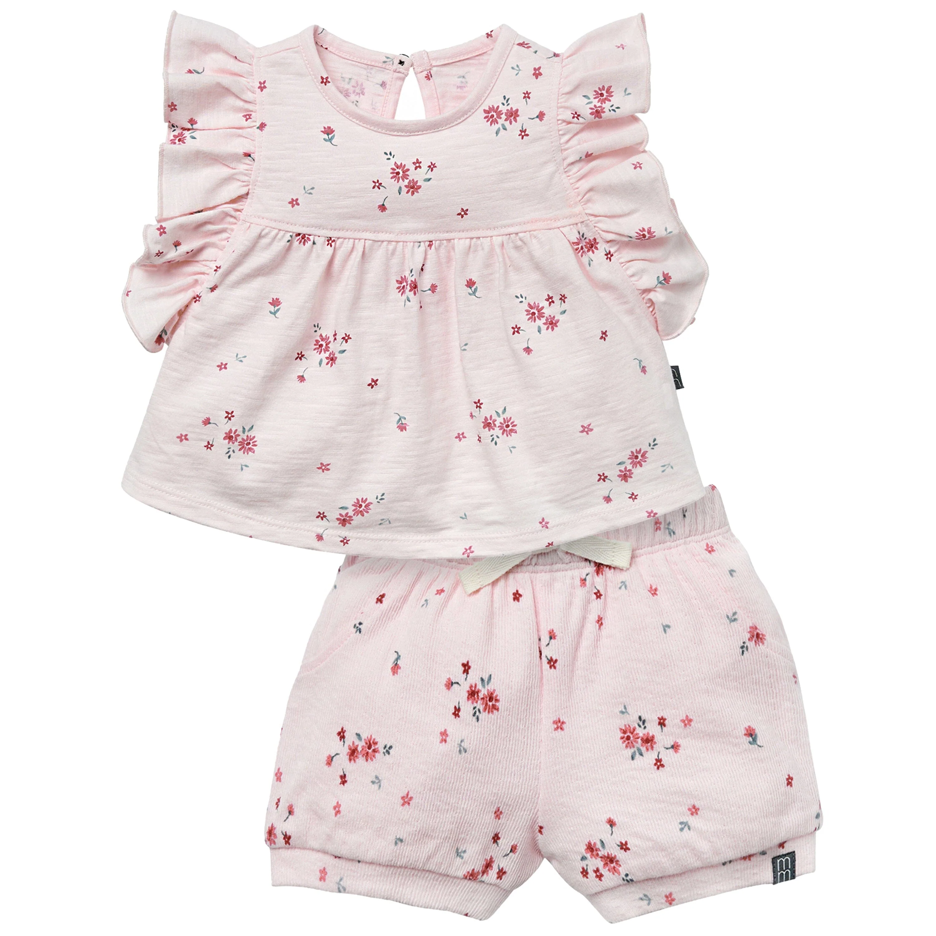 2-Piece Baby Girls Light Pink Floral Ruffled Sleeve Top & Cuffed Shorts Set
