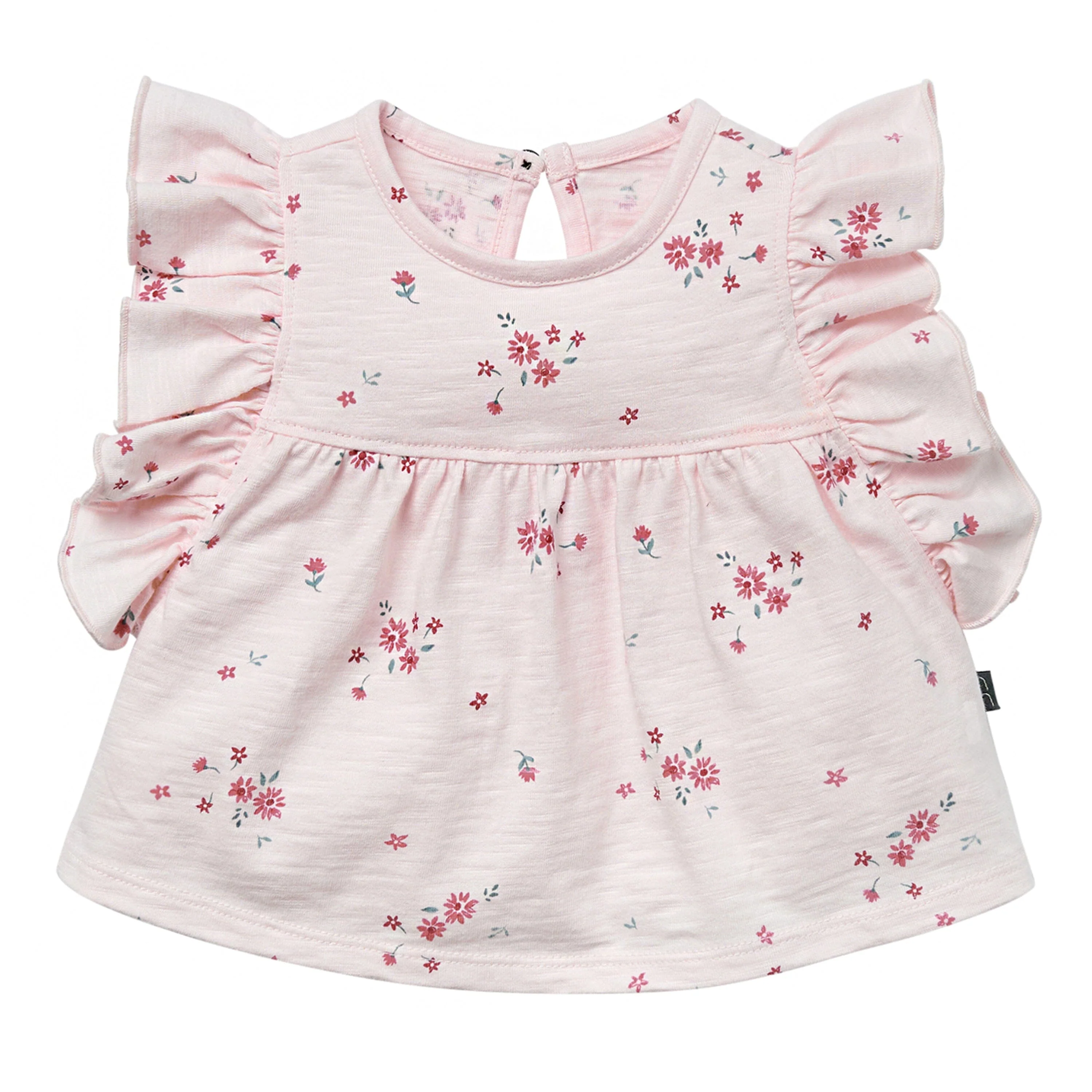 2-Piece Baby Girls Light Pink Floral Ruffled Sleeve Top & Cuffed Shorts Set - Image 4