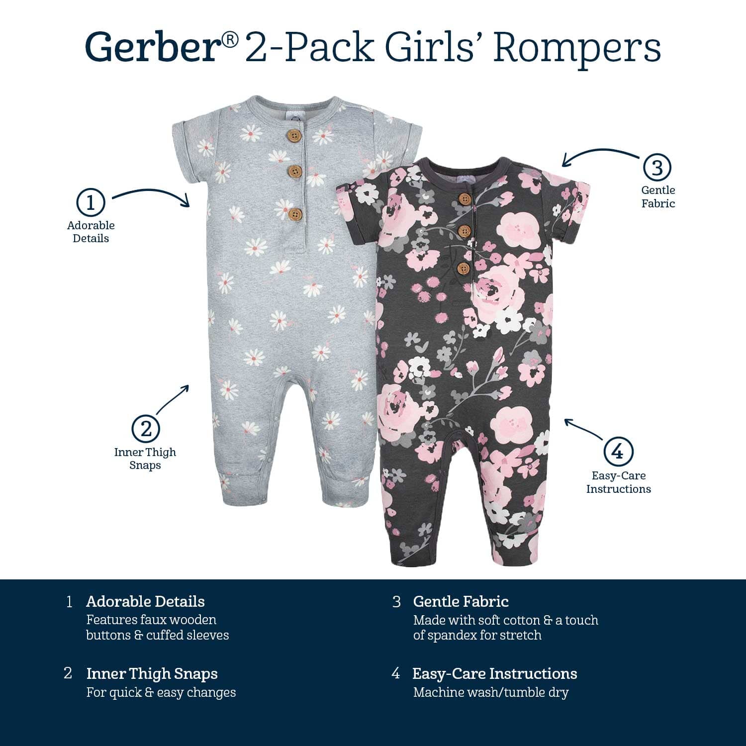 2-Pack Baby Girls Floral & Daisies Short Sleeve Rompers - Image 6