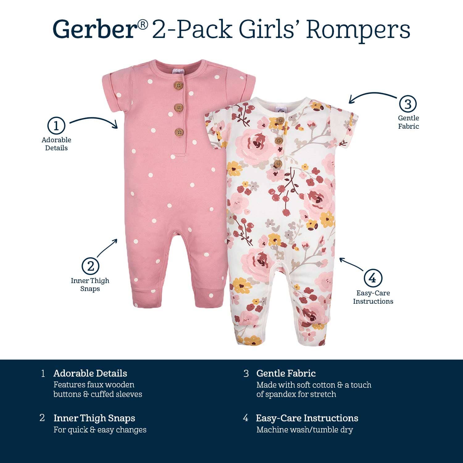 2-Pack Baby Girls Floral & Dots Short Sleeve Rompers - Image 8