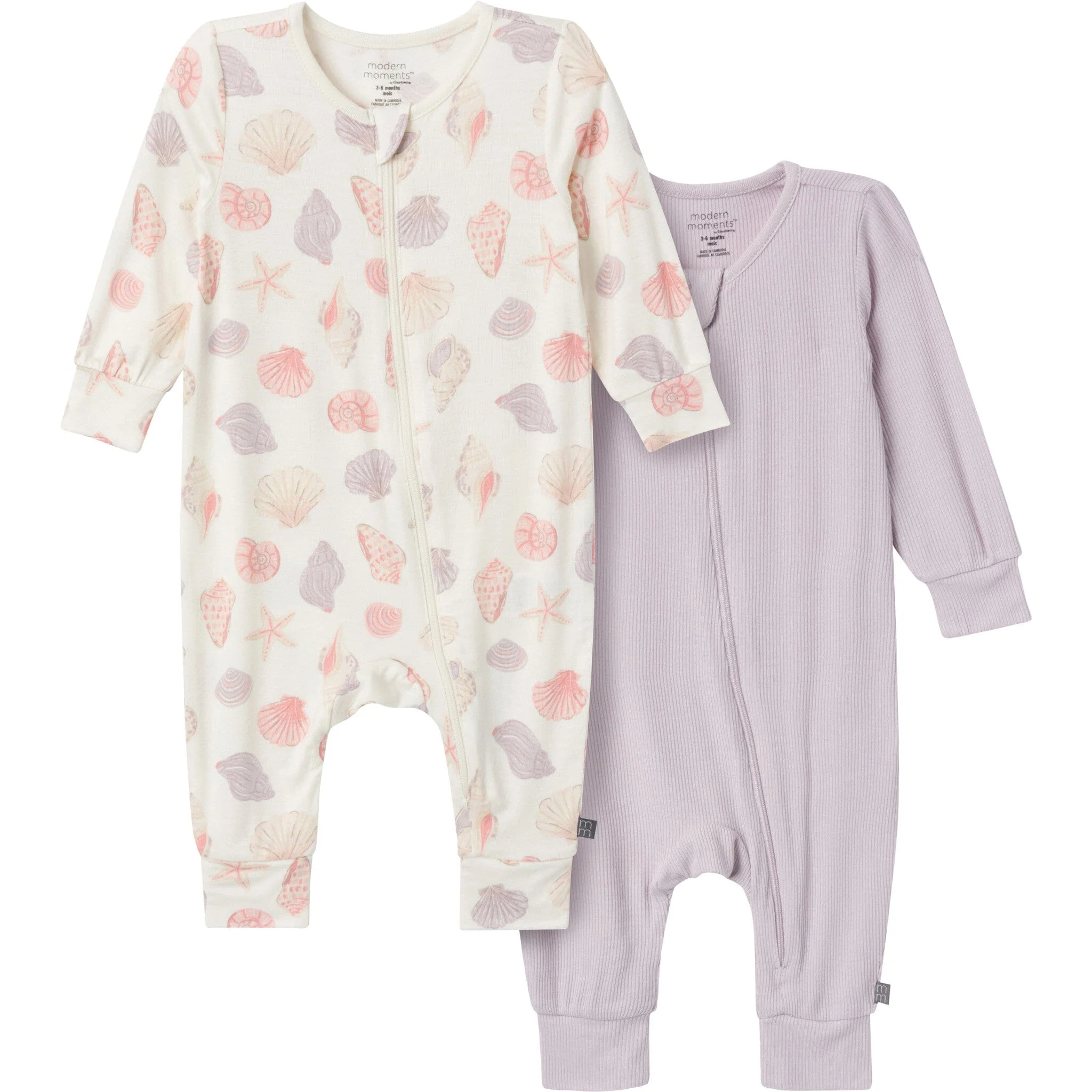 2-Pack Baby Girls Ivory Seashells Zip Front Viscose Rompers