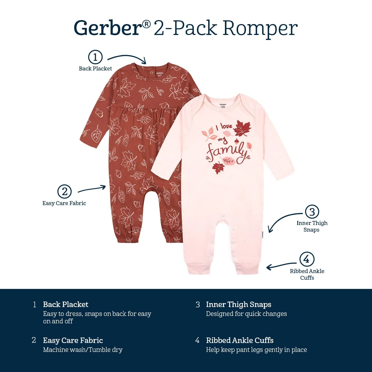 2-Pack Baby Girls Pink Leaves Rompers - Image 8