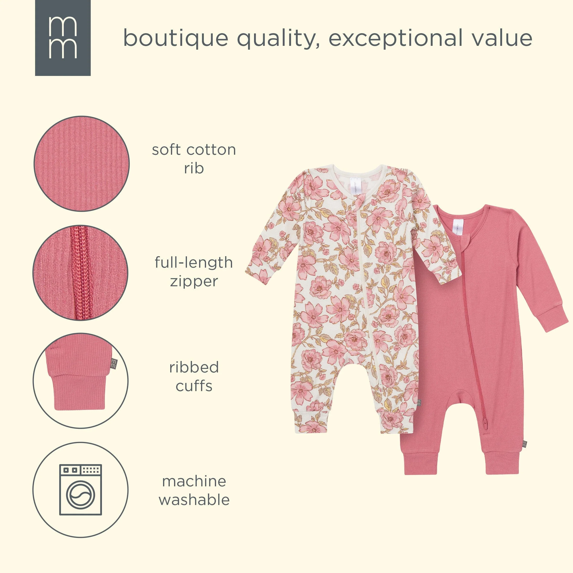 2-Pack Baby Girls Pink Flower Zip Front Viscose Rompers - Image 10