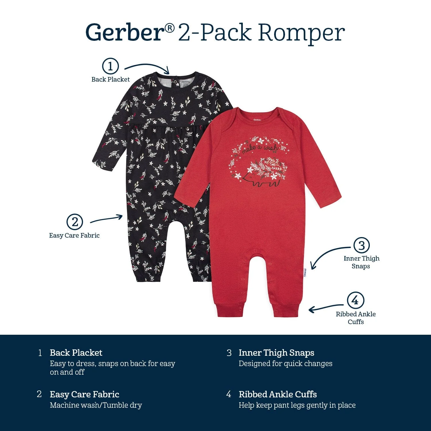 2-Pack Baby Girls Wish & Leaves Rompers - Image 7