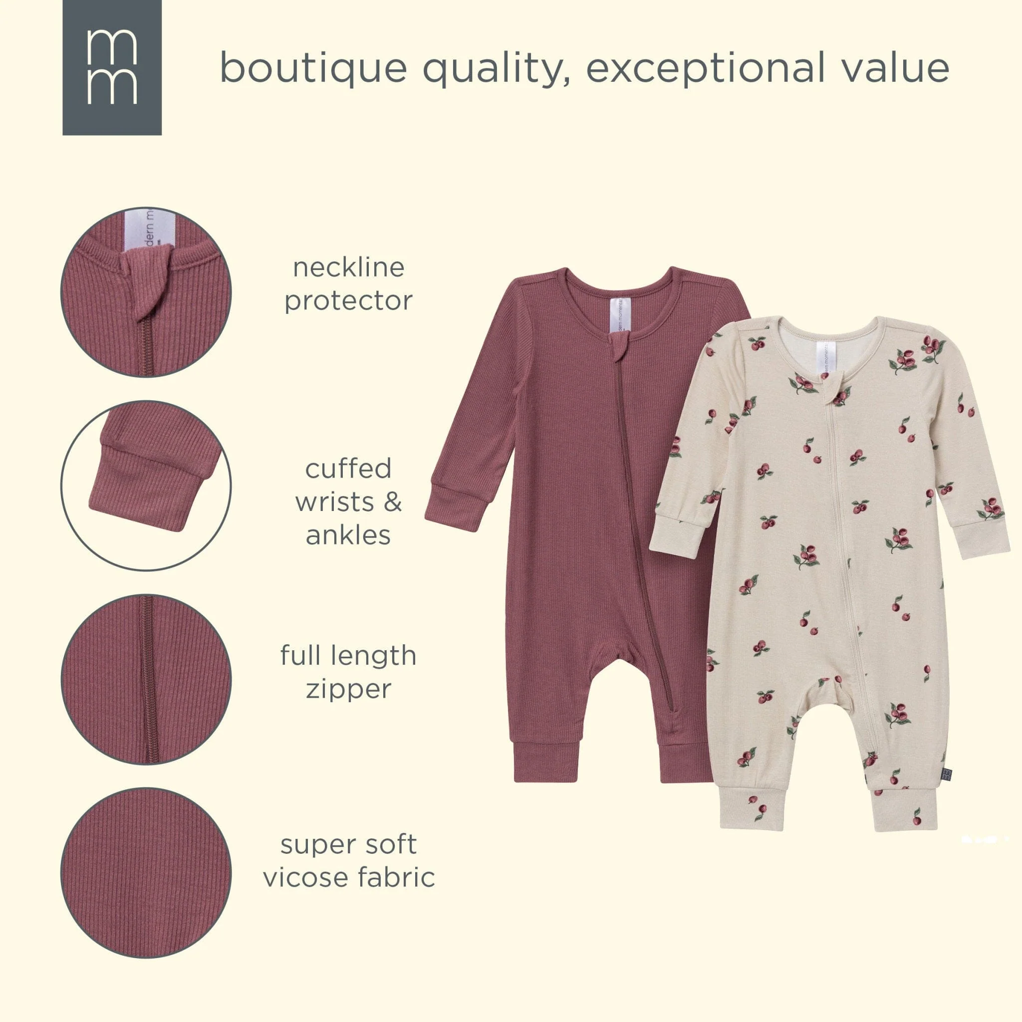 2-Pack Baby Neutral Plums Zip Front Viscose Rompers - Image 8