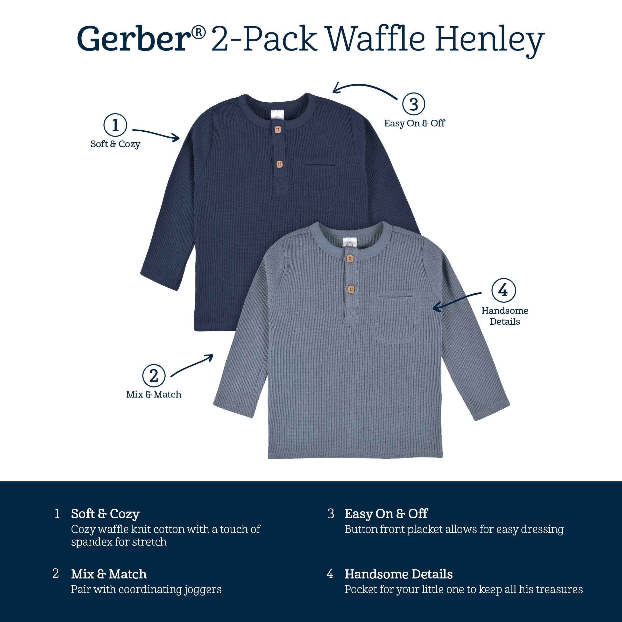 2-Pack Infant & Toddler Boys Dusty Blue & Navy Waffle Knit Henleys - Image 11