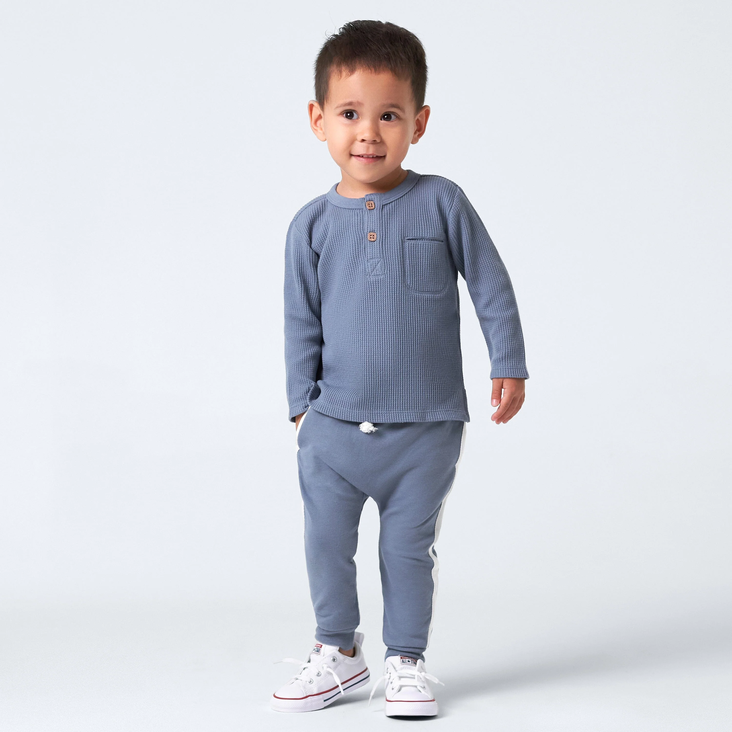 2-Pack Infant & Toddler Boys Dusty Blue & Navy Waffle Knit Henleys - Image 2
