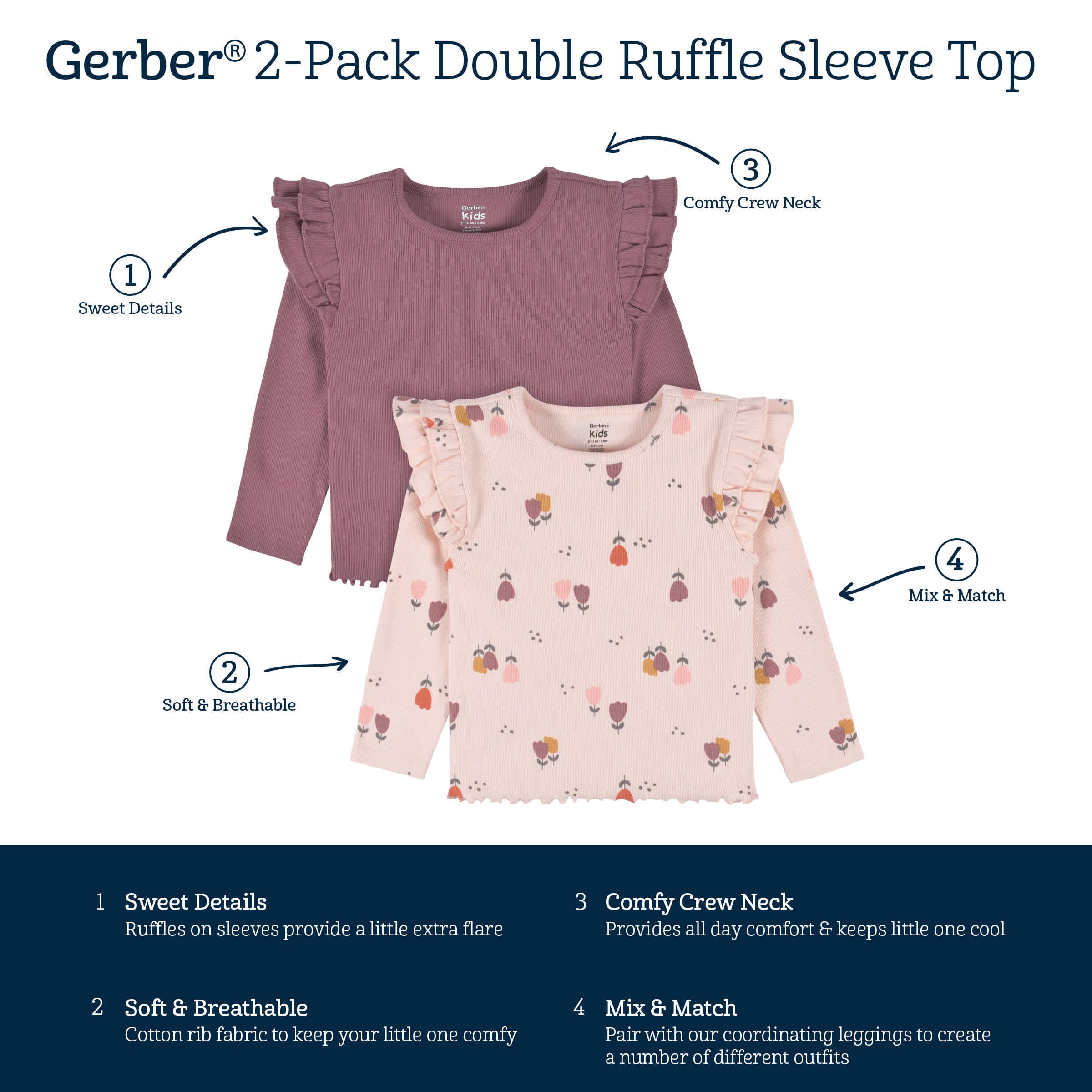 2-Pack Infant & Toddler Girls Burgundy Floral Double Ruffle Tops - Image 9