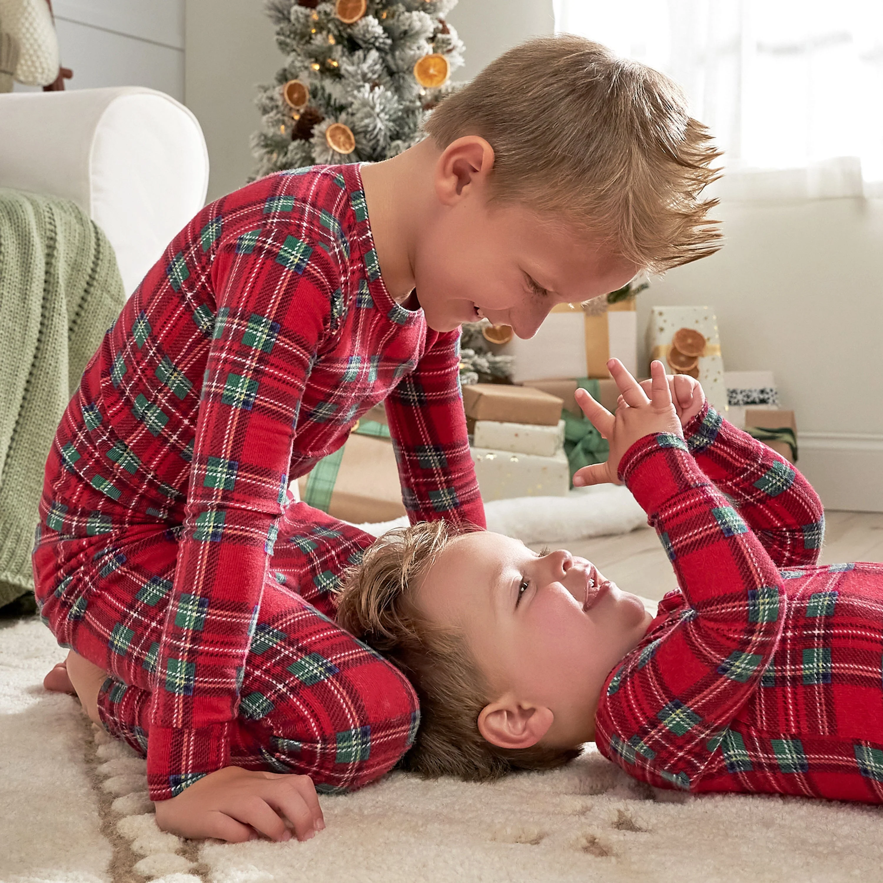2-Piece Infant and Toddler Neutral Stewart Plaid Hacci Snug Fit Pajama Set - Image 12