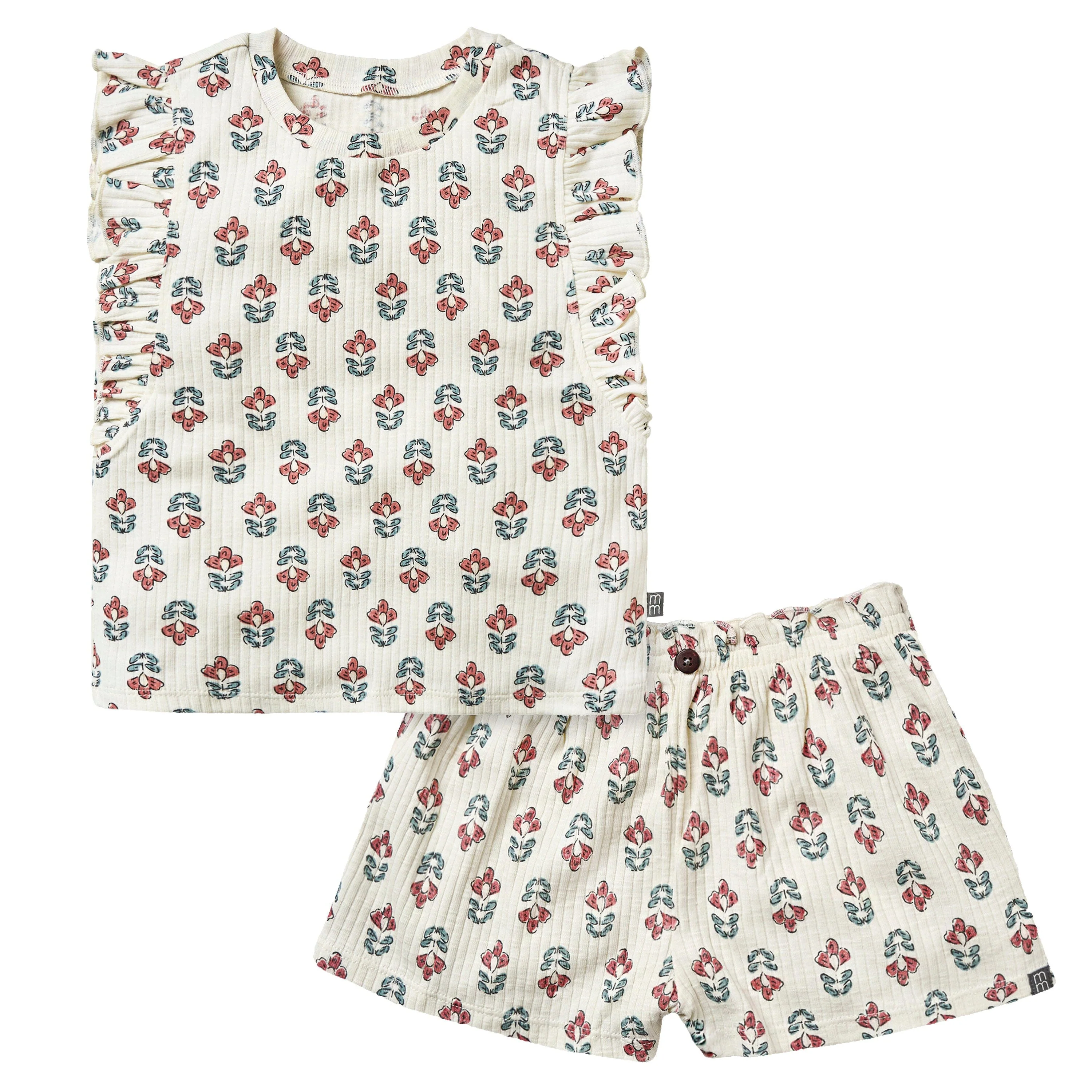 2-Piece Infant & Toddler Girls Ivory Flower Ruffled Sleeveless Top & Wide Leg Shorts Set