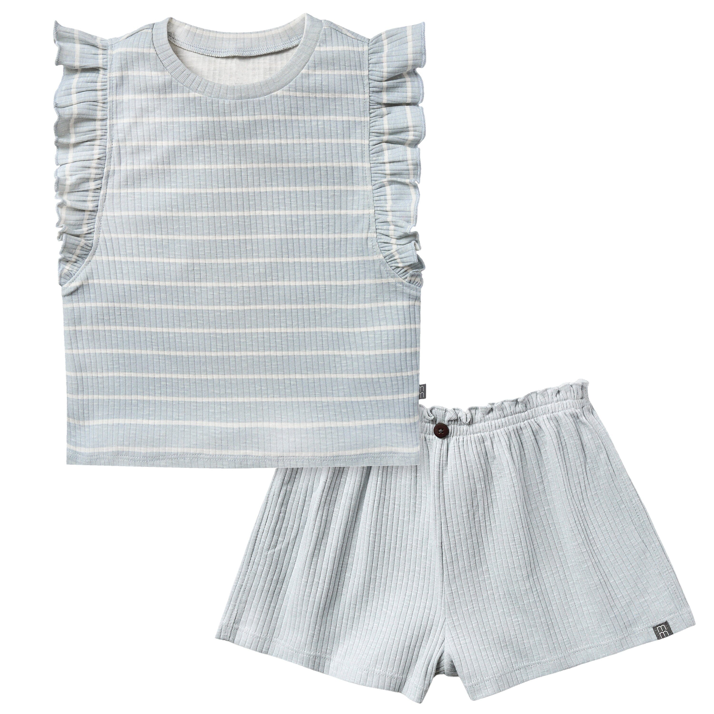 2-Piece Infant & Toddler Girls Light Blue Stripe Ruffled Sleeveless Top & Wide Leg Shorts Set