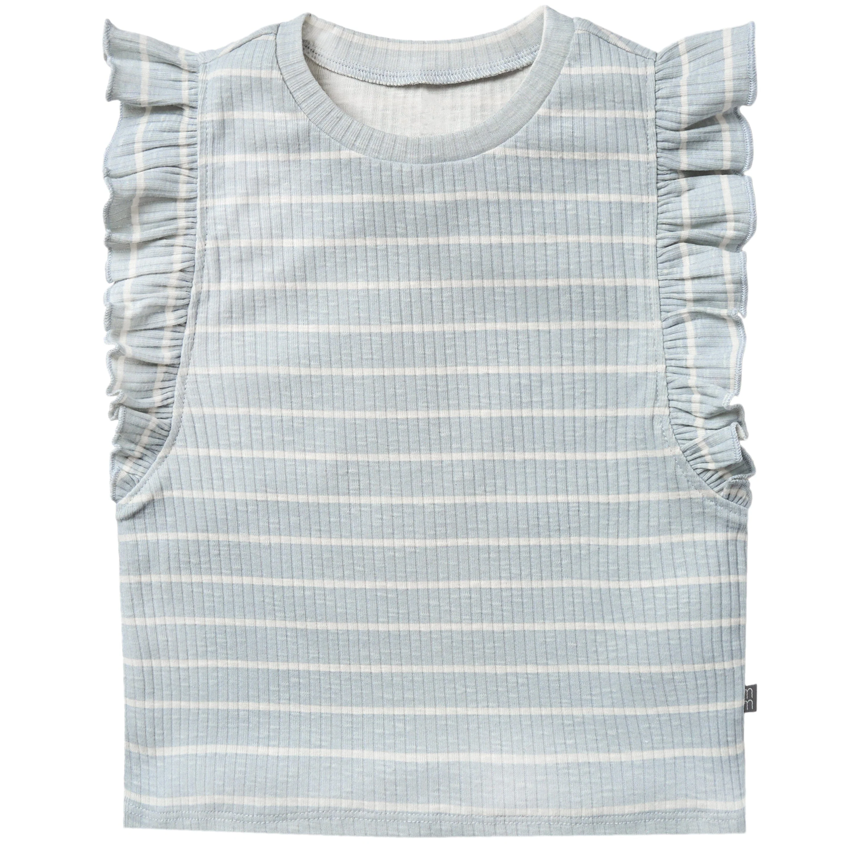 2-Piece Infant & Toddler Girls Light Blue Stripe Ruffled Sleeveless Top & Wide Leg Shorts Set - Image 2