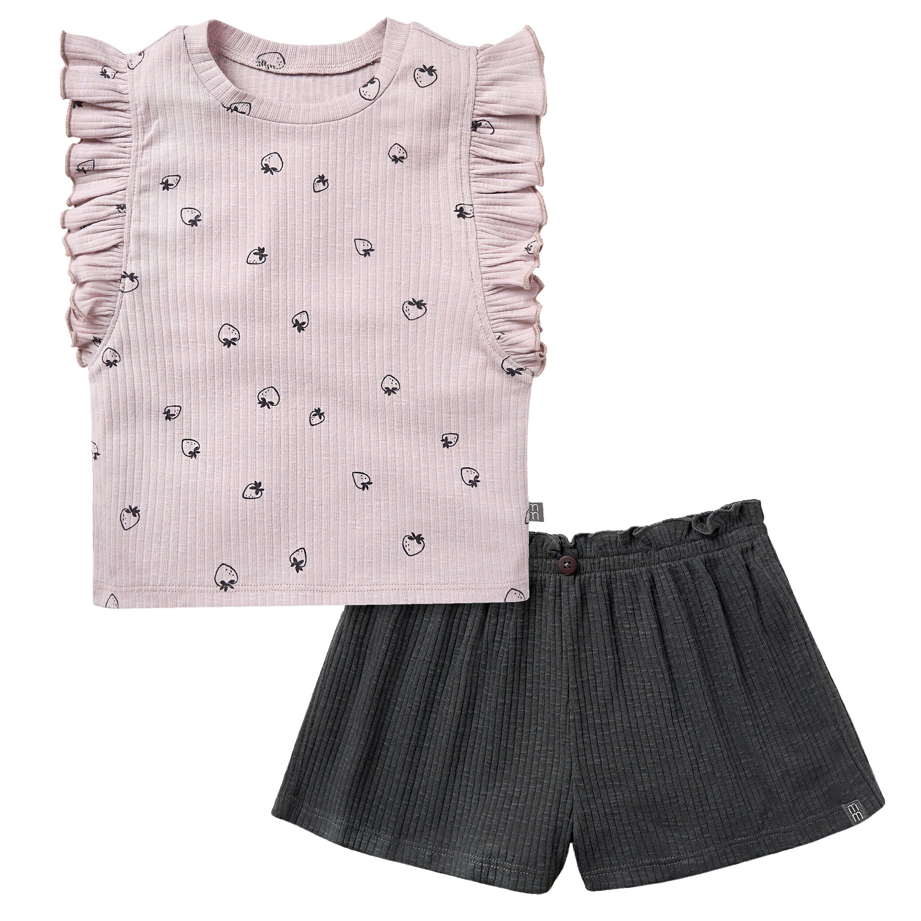 2-Piece Infant & Toddler Girls Lilac Strawberry Ruffled Sleeveless Top & Wide Leg Shorts Set