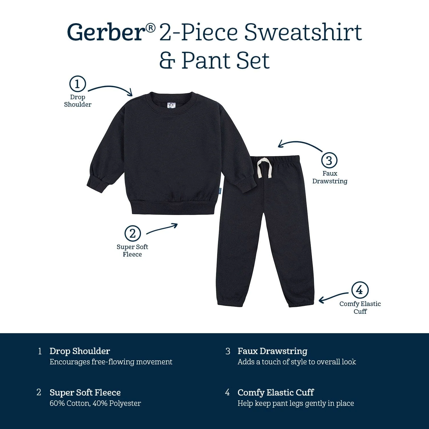Embroidered 2-Piece Infant & Toddler Neutral Black Sweatshirt & Pant Set - Image 7