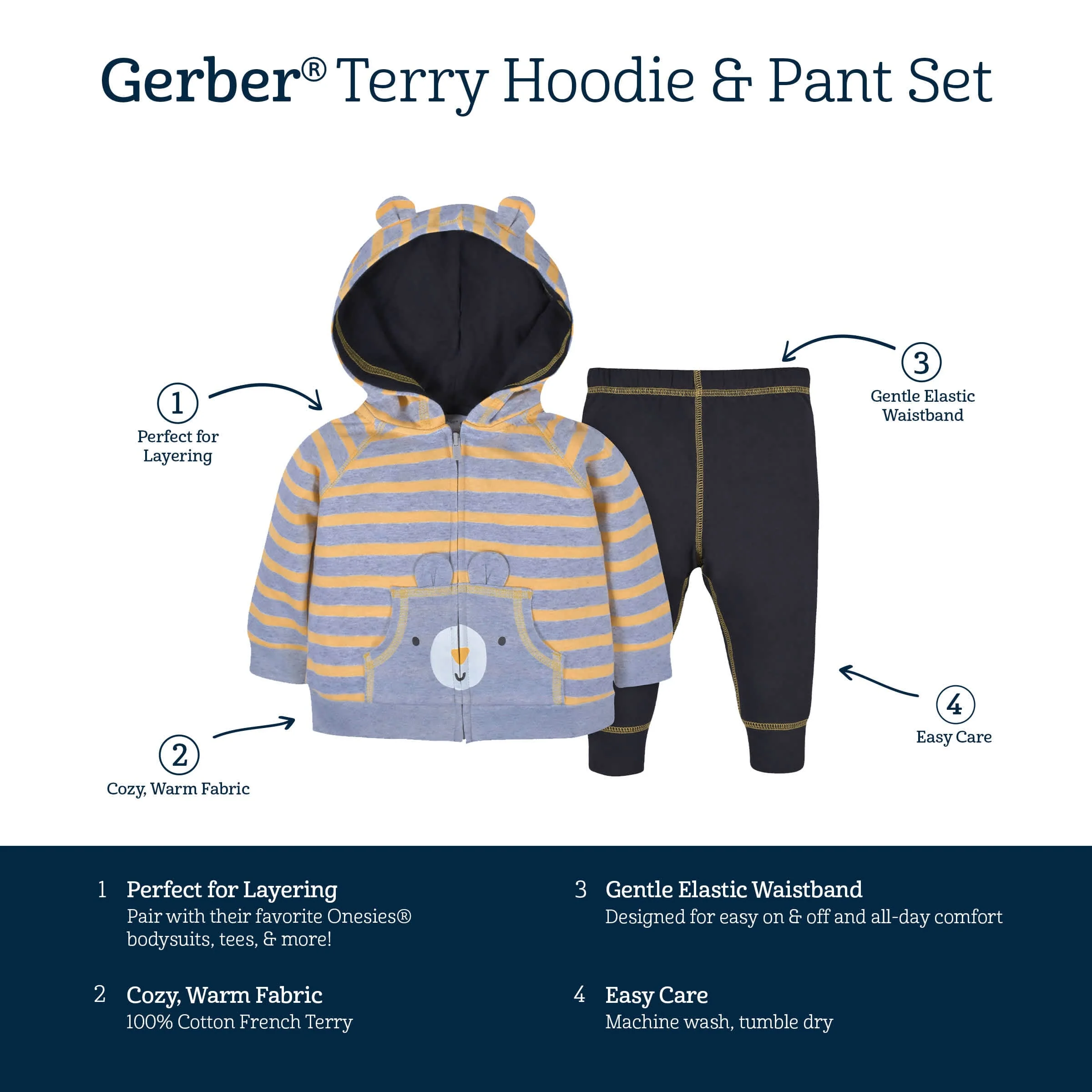 2-Piece Baby & Toddler Boys Striped Bear Terry Zip Hoodie & Joggers Set - Image 6