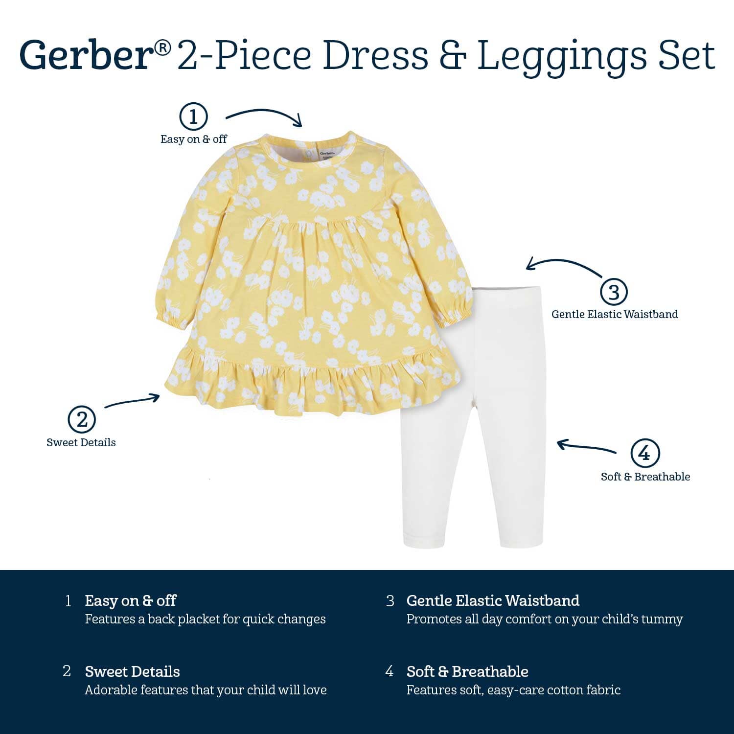 2-Piece Baby & Toddler Girls Golden Flowers Long Sleeve Dress & Leggings Set - Image 5