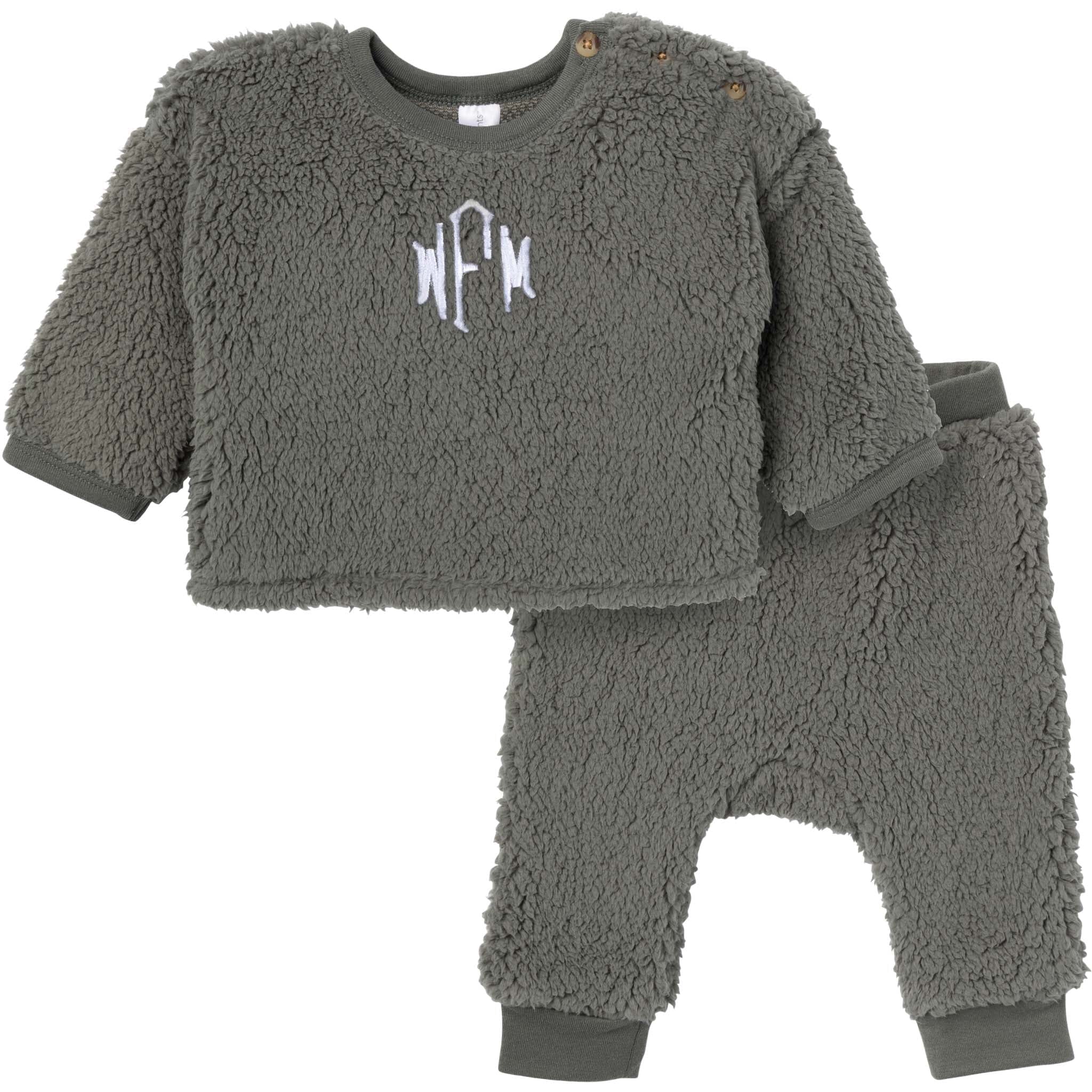 Embroidered 2-Piece Baby Boys Dark Green Sherpa Drop Shoulder Top & Pants - Image 2
