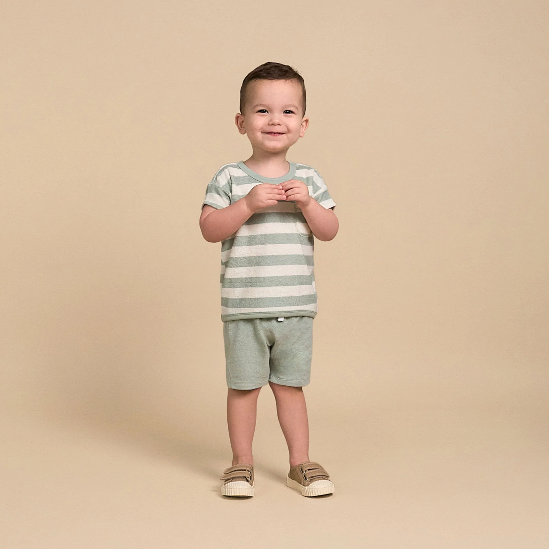 2-Piece Baby Boys Green Stripe Shirt and Shorts Set - Image 2
