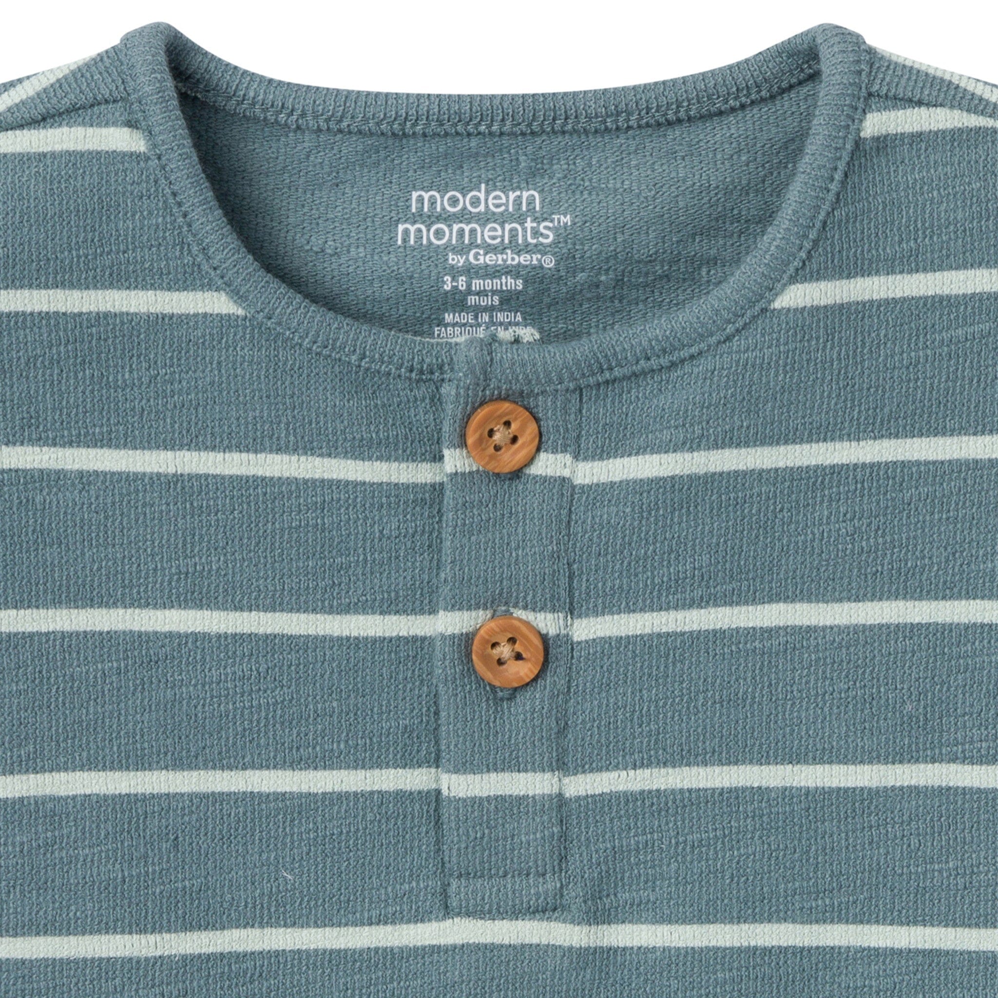 2-Piece Baby Boys Teal Stripe Henley Shirt and Shorts Set - Image 3