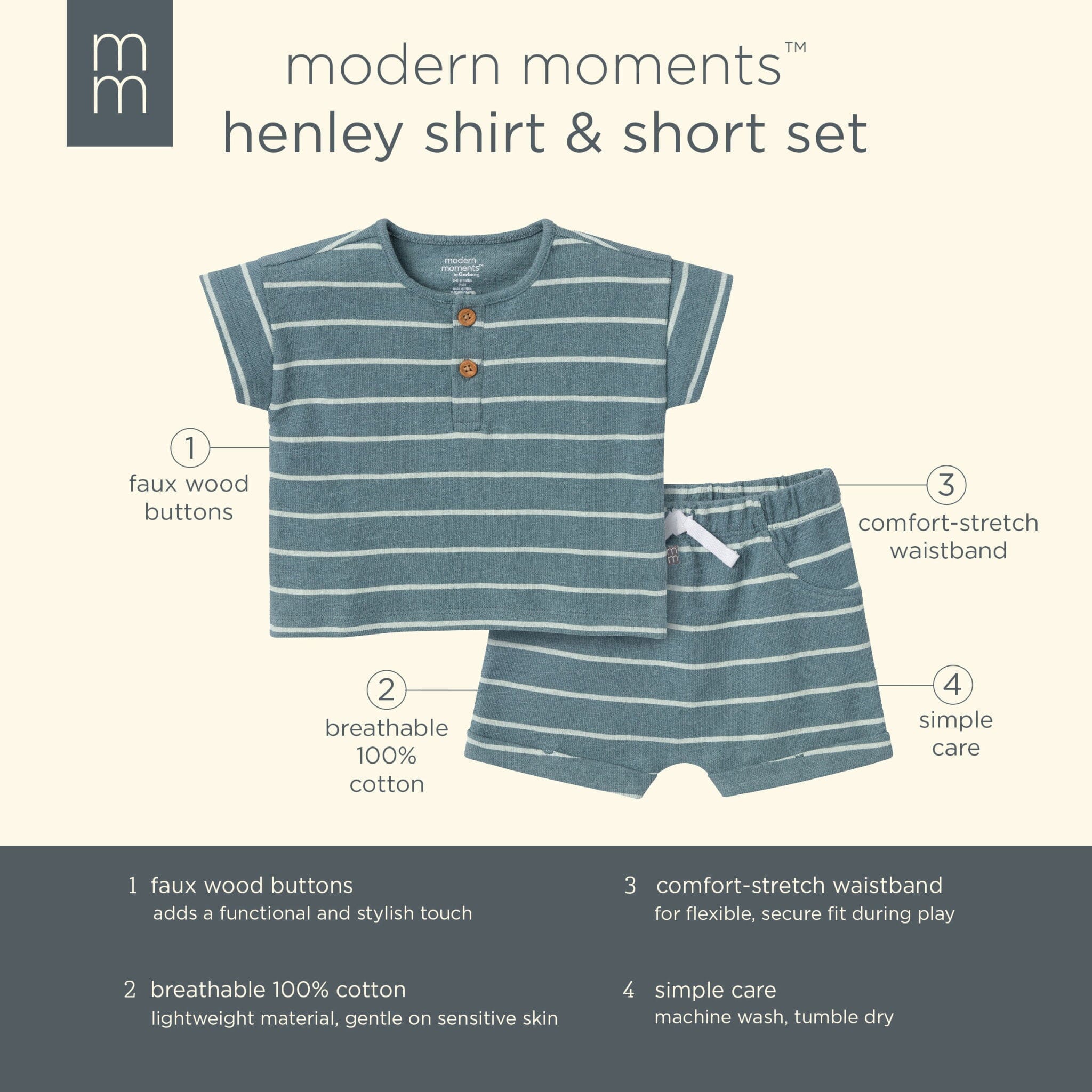 2-Piece Baby Boys Teal Stripe Henley Shirt and Shorts Set - Image 7