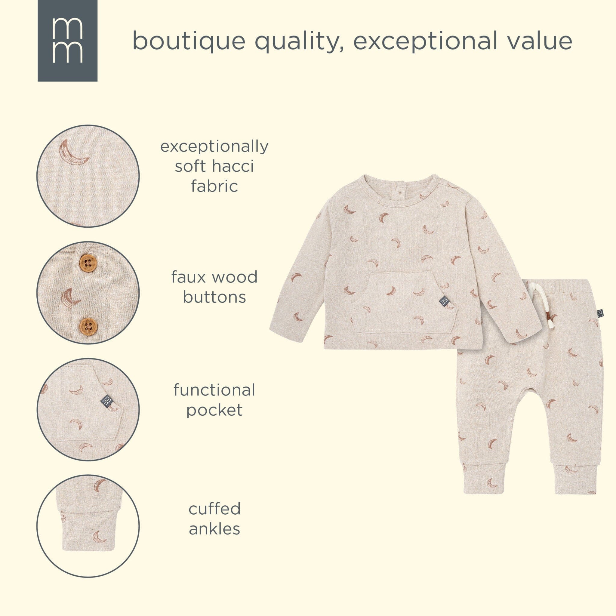 2-Piece Baby Boys Oatmeal Moon Hacci Top and Pants Set - Image 12