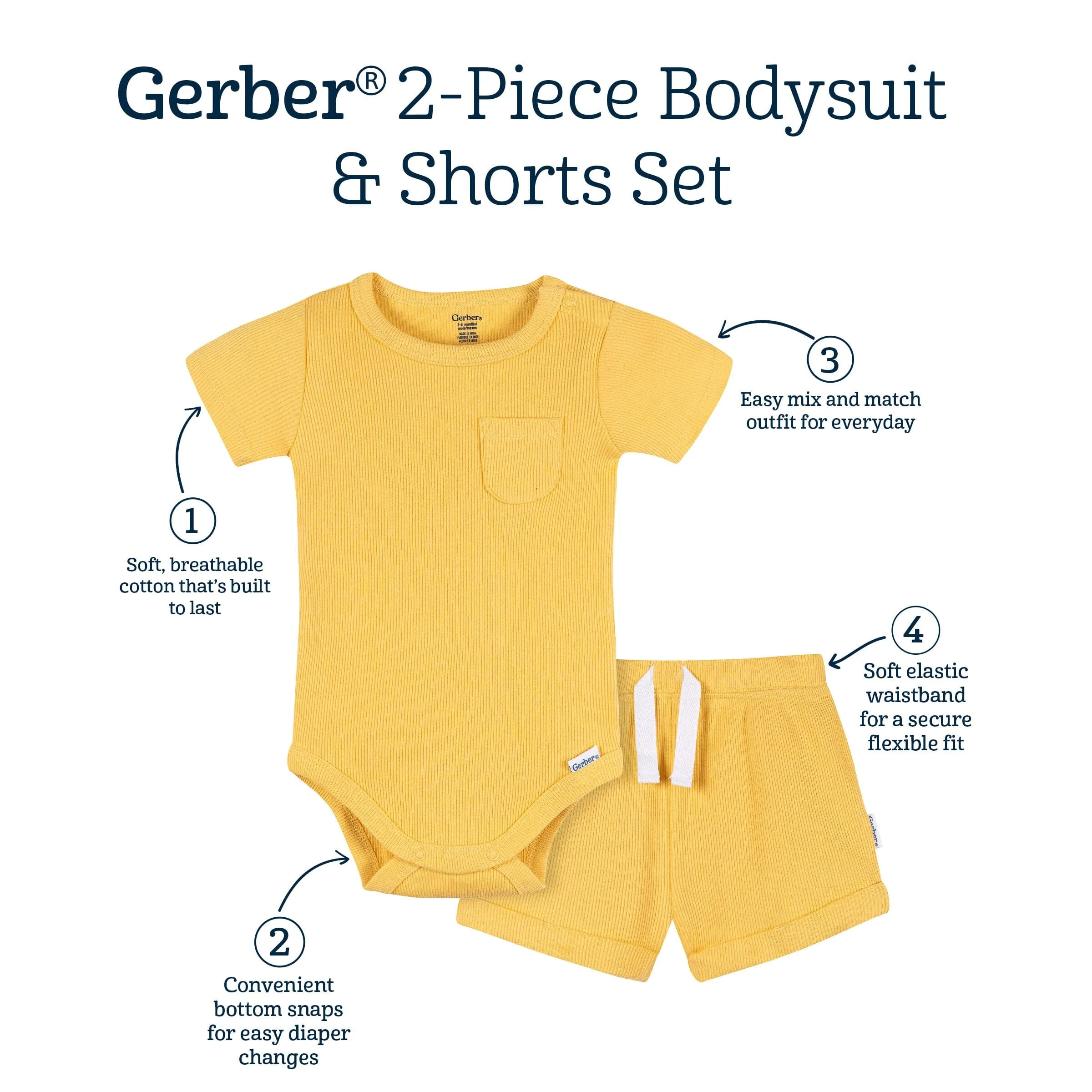 2-Piece Baby Boys Yellow Bodysuit & Shorts Set - Image 7