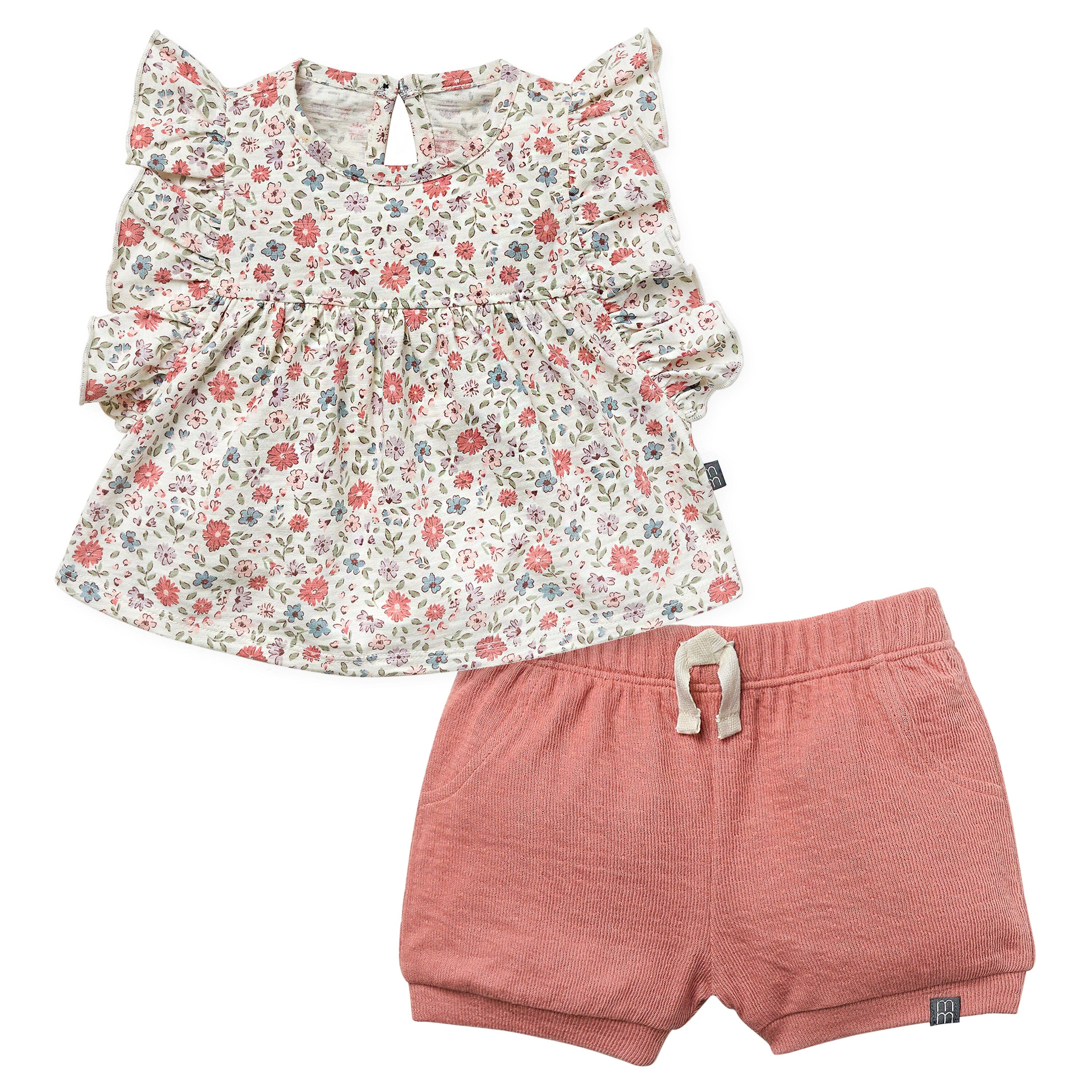 2-Piece Baby Girls Vanilla Garden Ruffled Sleeve Top & Cuffed Shorts Set