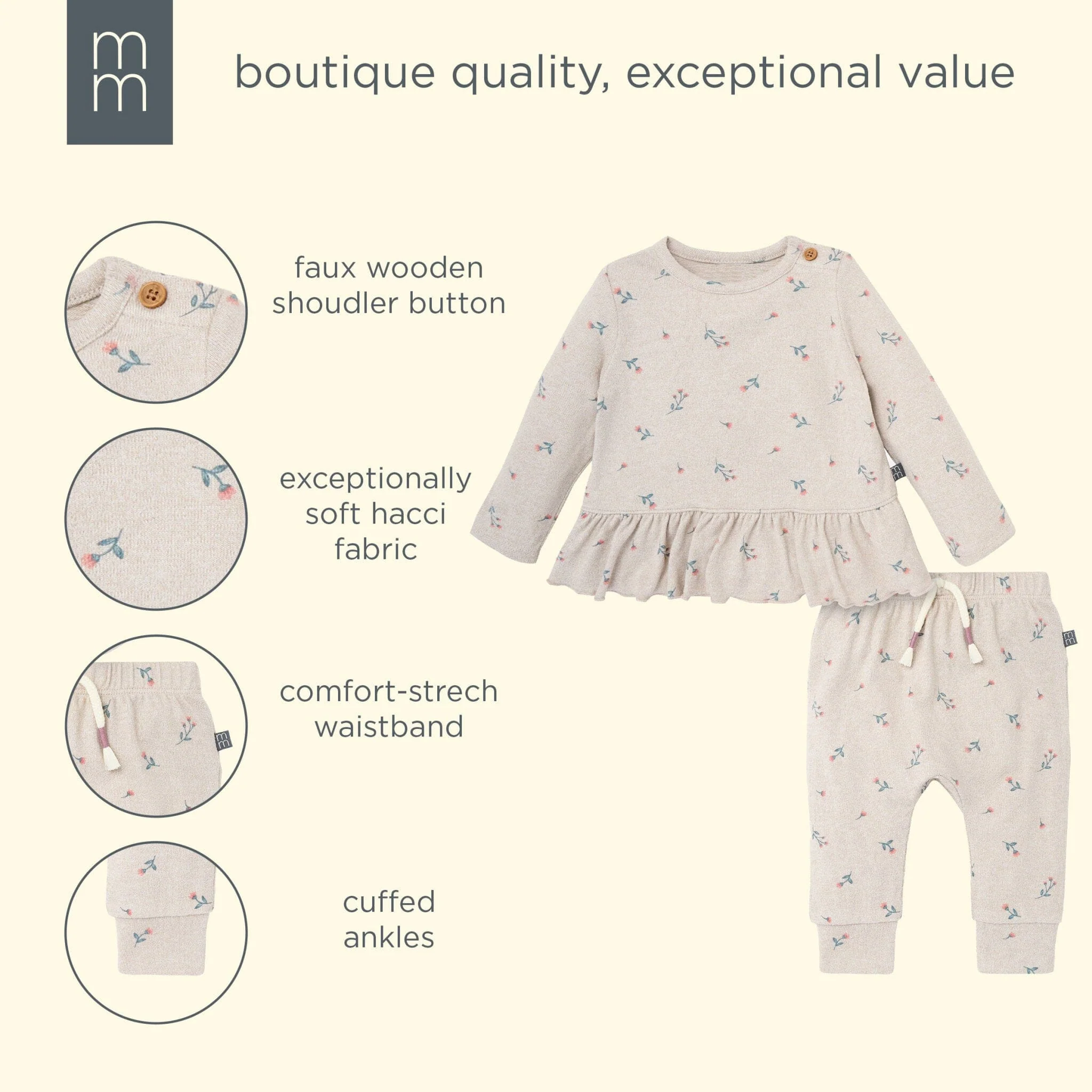 2-Piece Baby Girls Beige Tossed Floral Hacci Peplum Top and Pants - Image 8