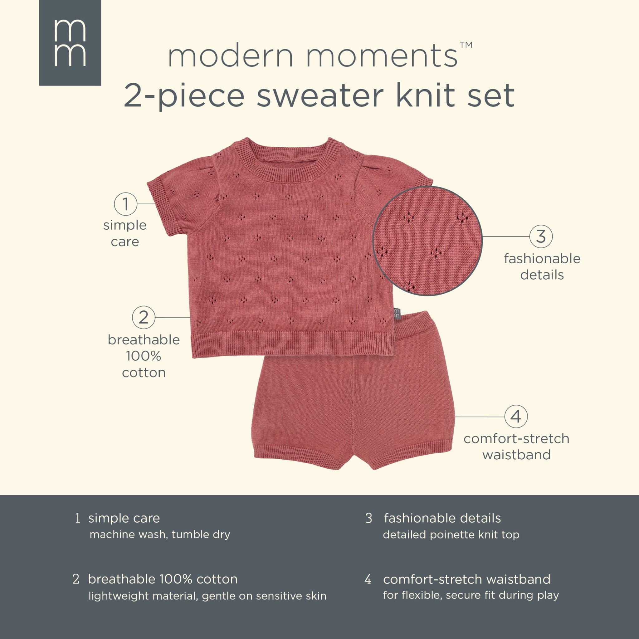2-Piece Baby Girls Dark Rose Sweater Knit Top and Shorts Set - Image 10