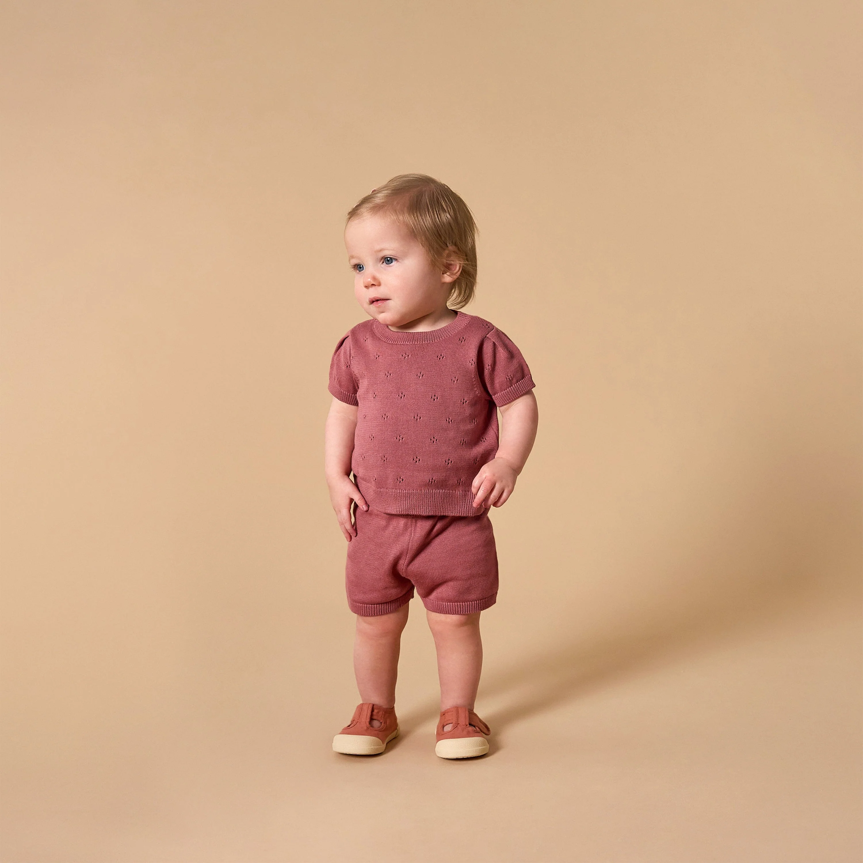 2-Piece Baby Girls Dark Rose Sweater Knit Top and Shorts Set - Image 2