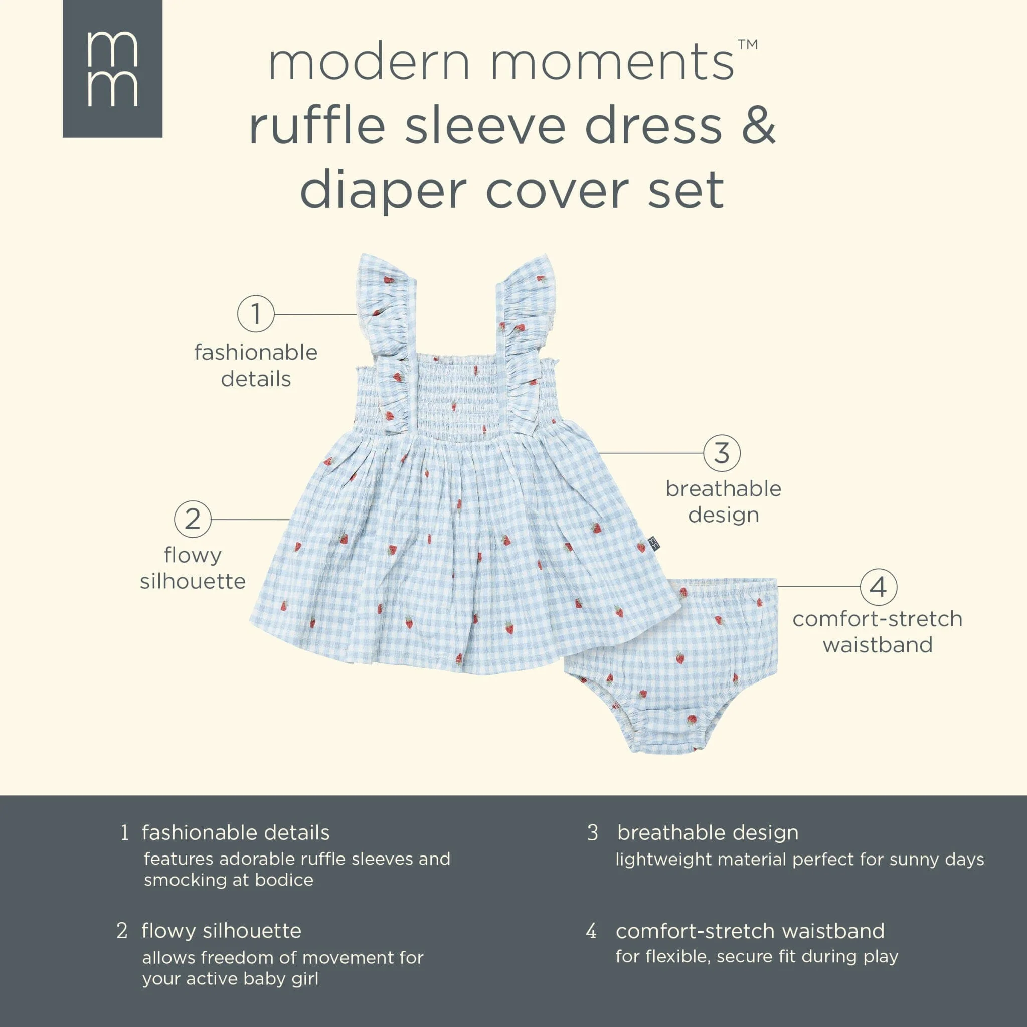 2-Piece Baby Girls Strawberry Gingham Ruffle Sleeve Dress and Diaper Cover Set - Image 9