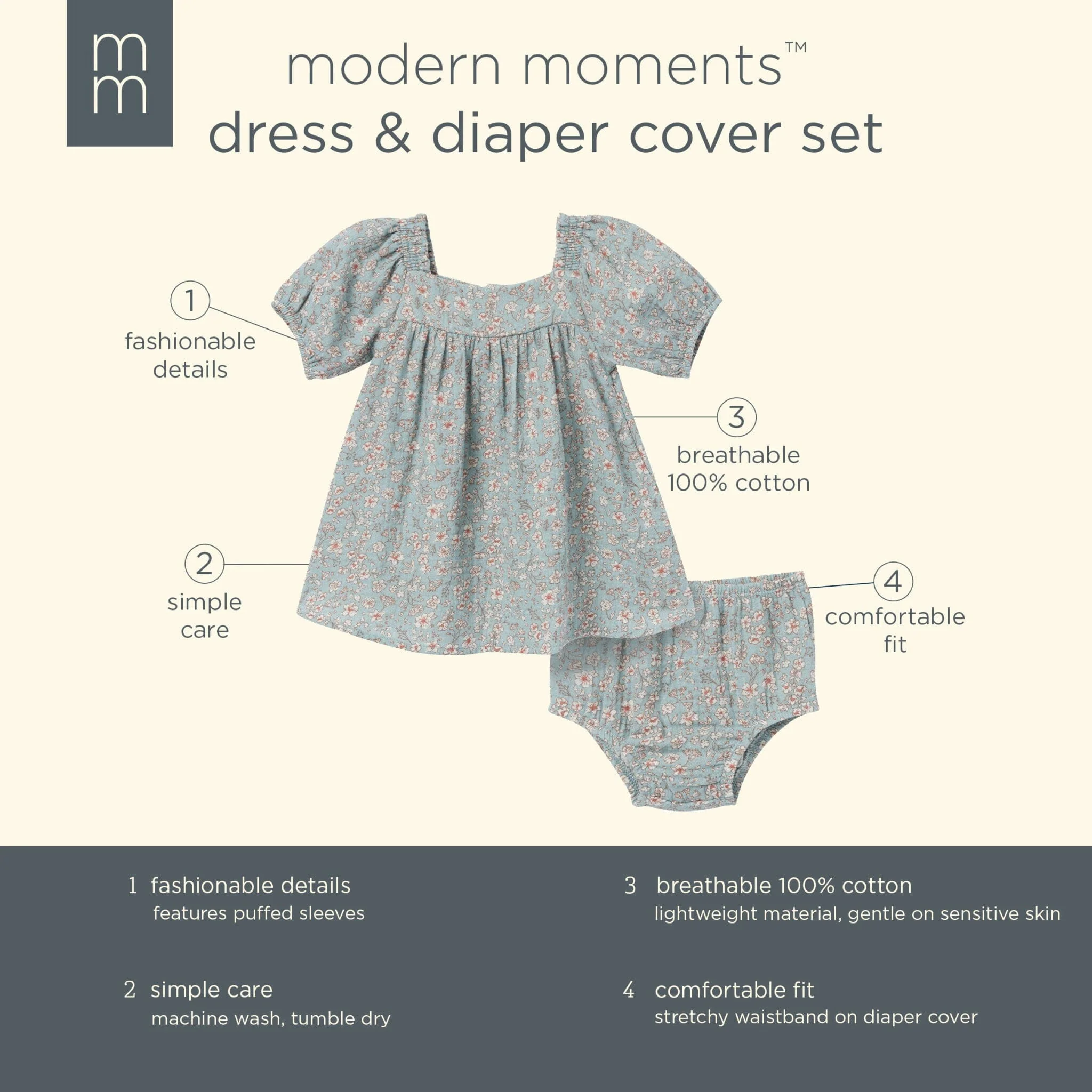 2-Piece Baby Girls Teal Ditsy Puffed Sleeve Dress and Diaper Cover - Image 7