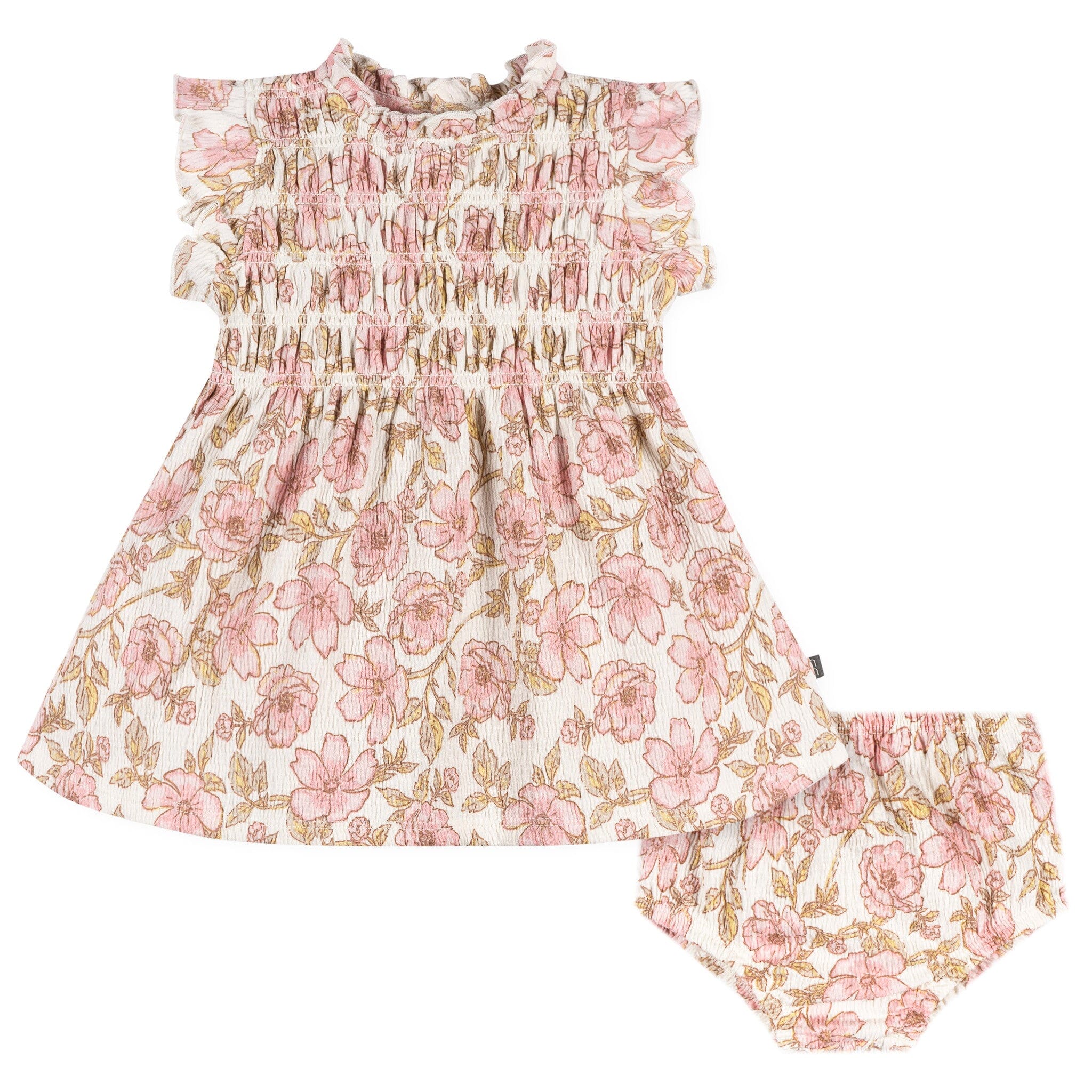 2-Piece Baby Girls Pink Floral Smocked Dress and Diaper Cover