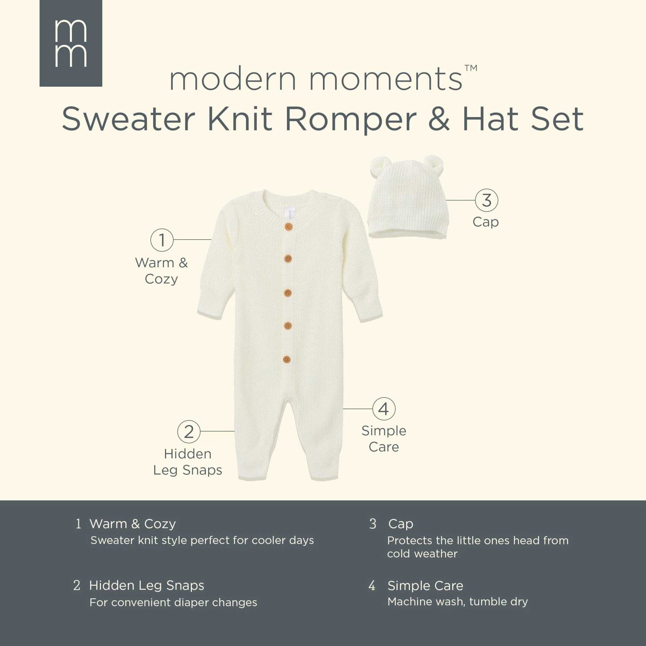 2-Piece Baby Neutral Ivory Sweater Romper & Hat Set - Image 8