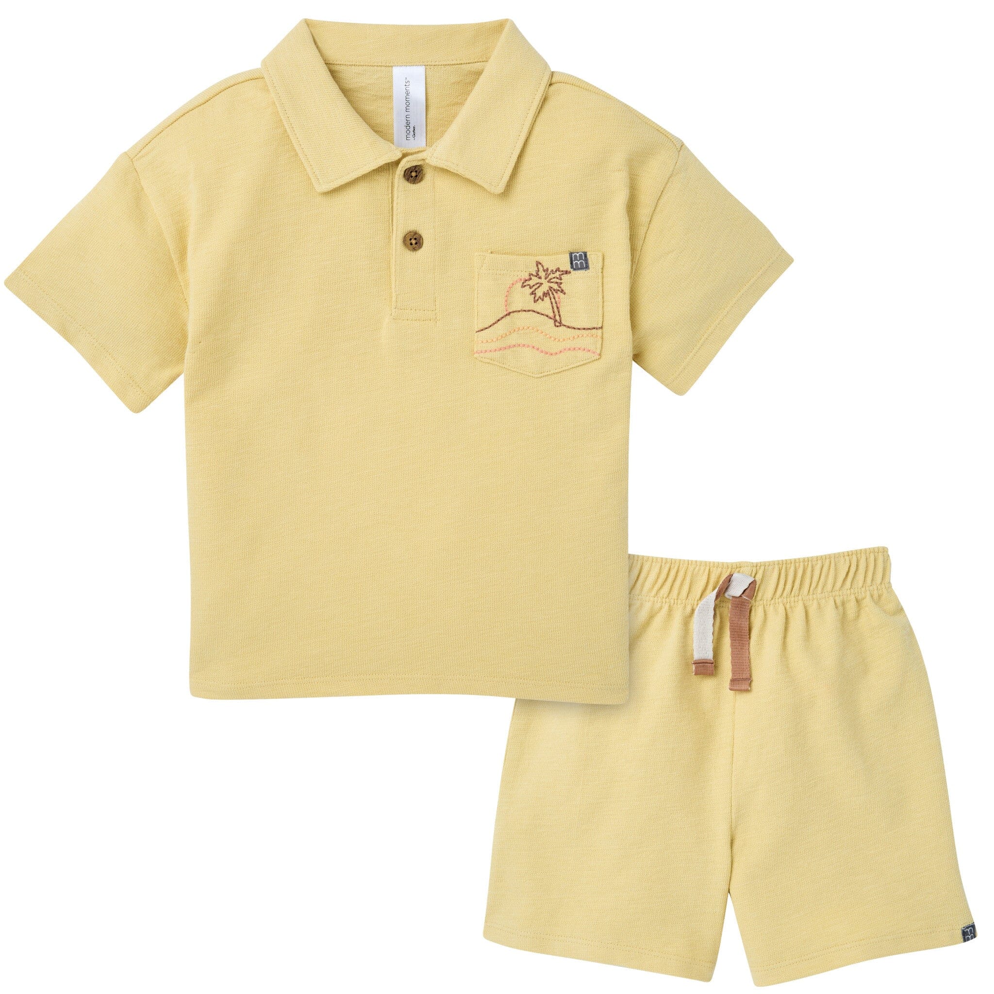2-Piece Boys Yellow Palm Tree Polo Shirt and Shorts Set