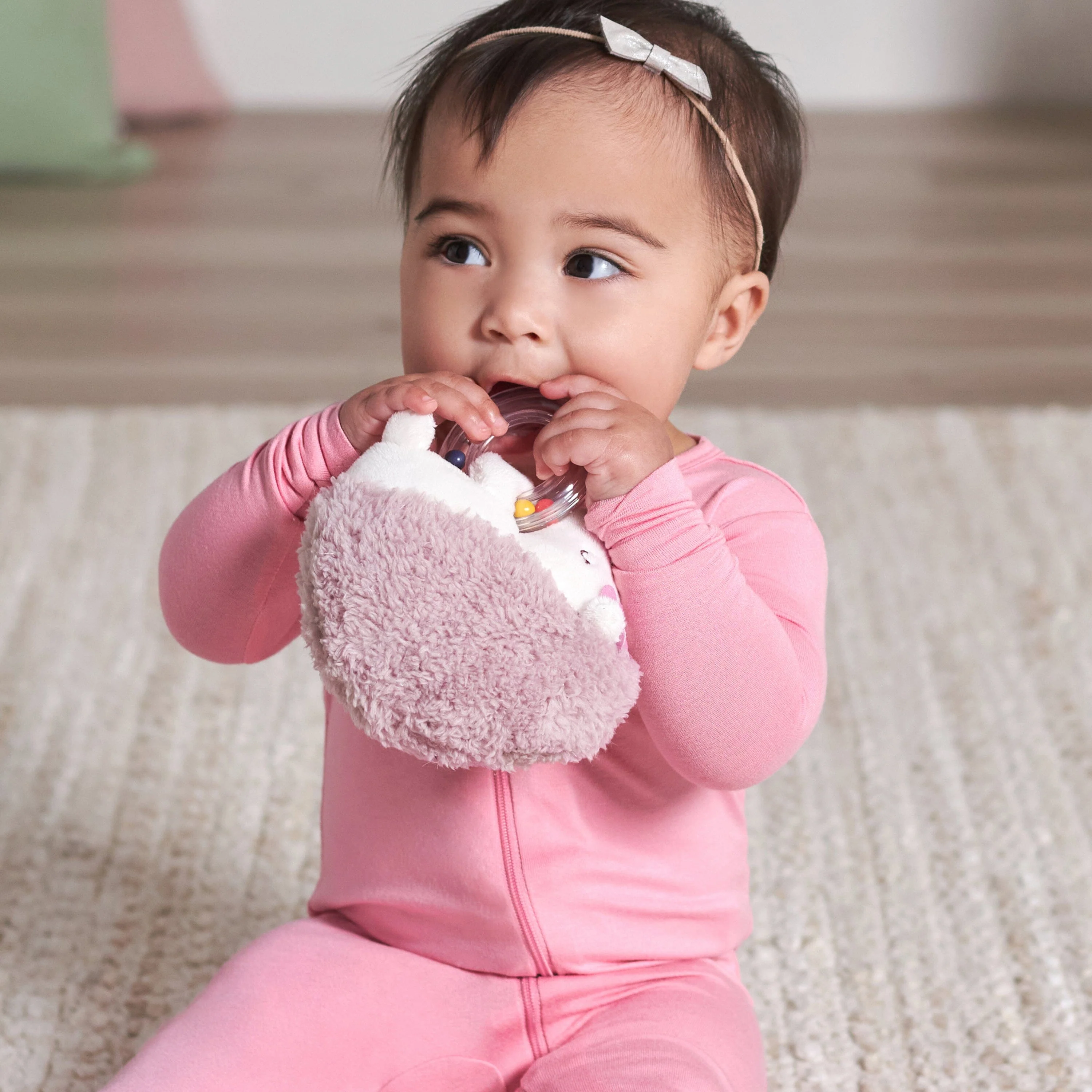 2-Piece Baby Girls Bunny & Hedgehog Rattle and Teether Set - Image 3