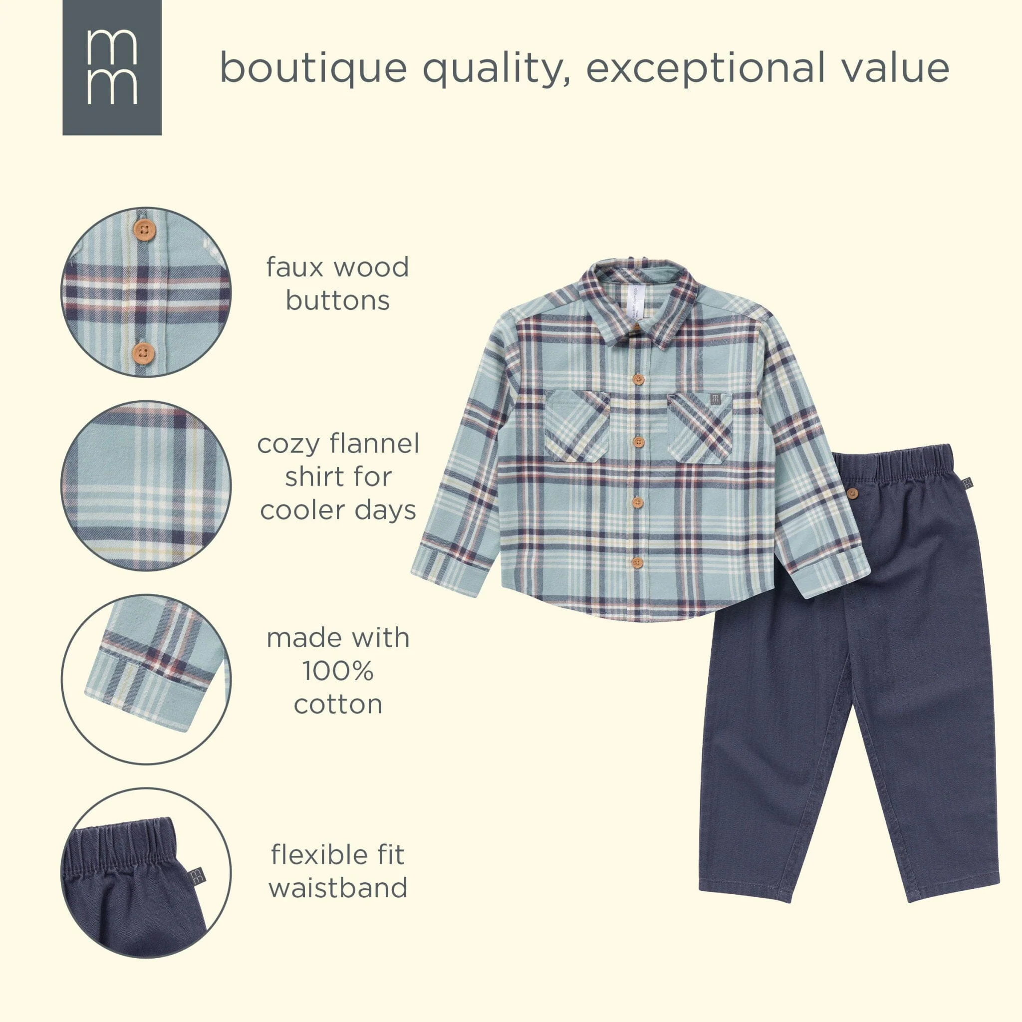 2-Piece Boys Blue Plaid Shirt and Pant Set - Image 8