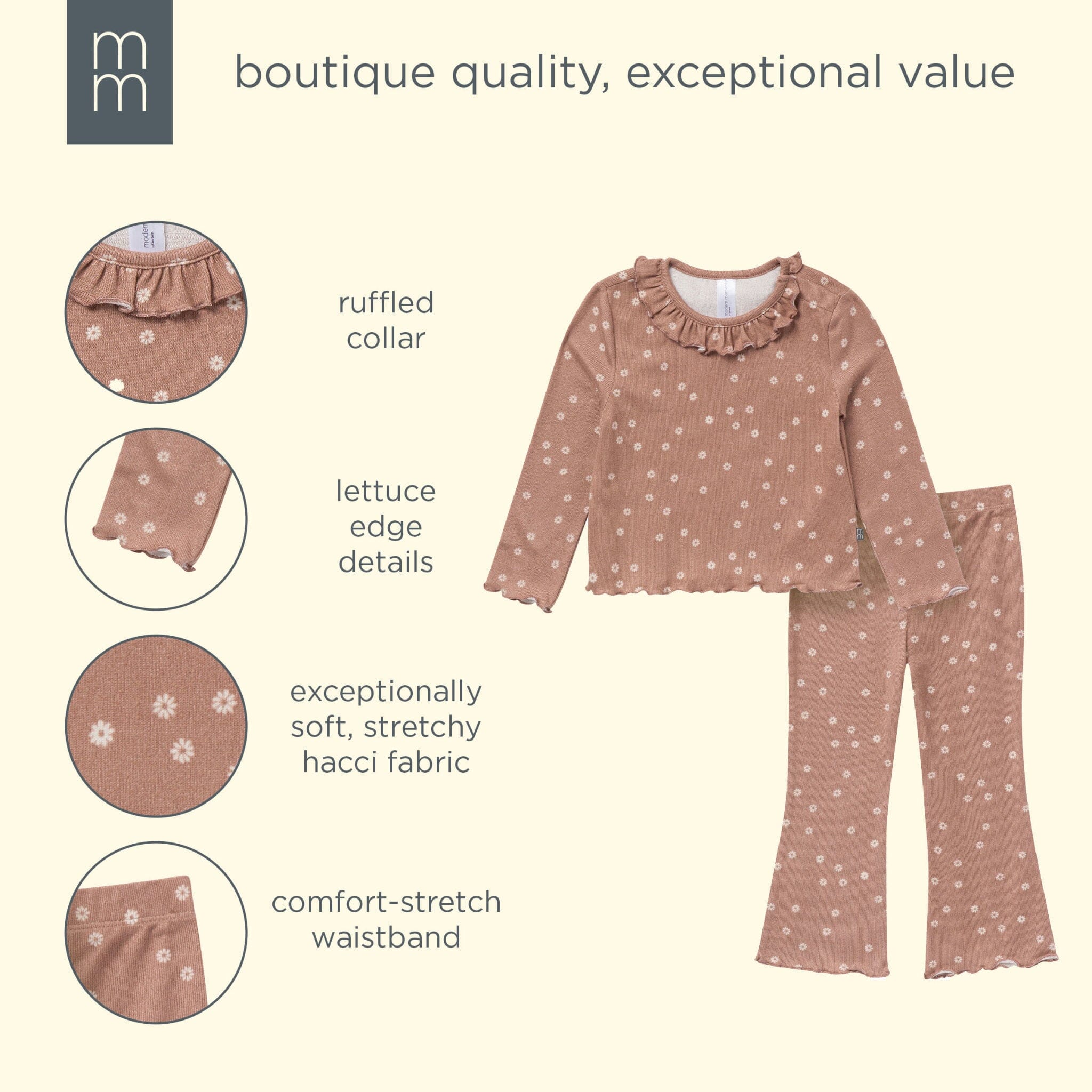 2-Piece Girls Brown Daisies Ruffle Collar Top and Flare Pant Set - Image 9