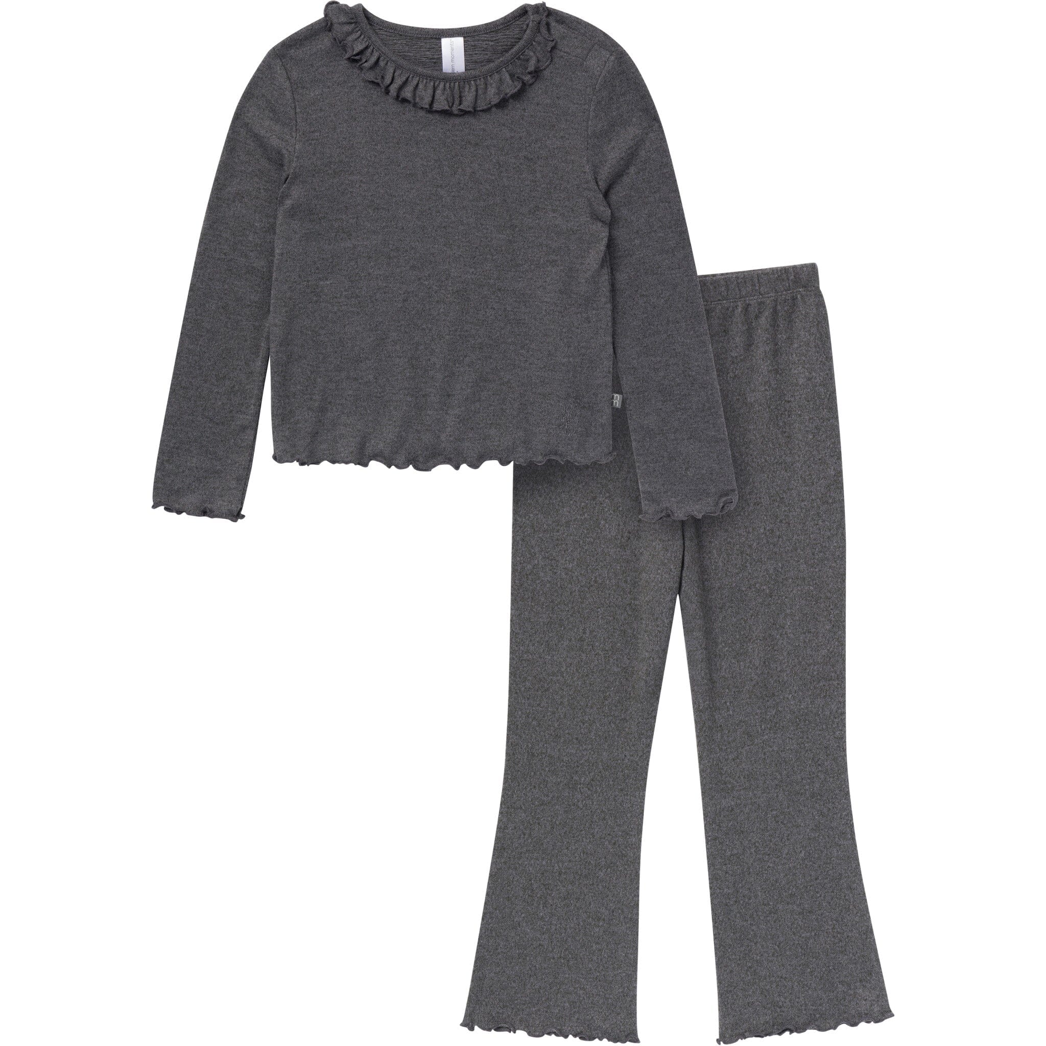 2-Piece Girls Dark Grey Ruffle Collar Top and Flare Pant Set