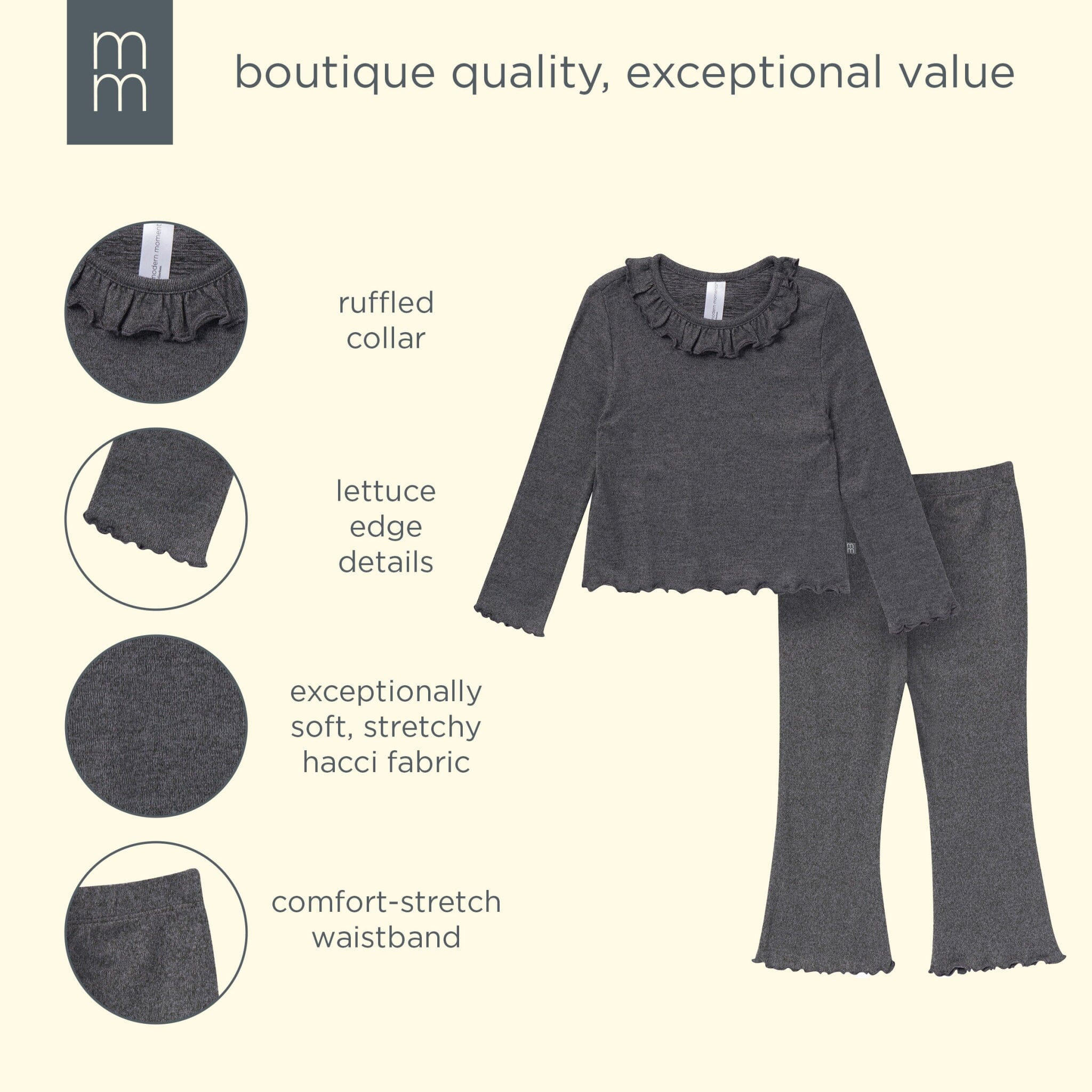 2-Piece Girls Dark Grey Ruffle Collar Top and Flare Pant Set - Image 10