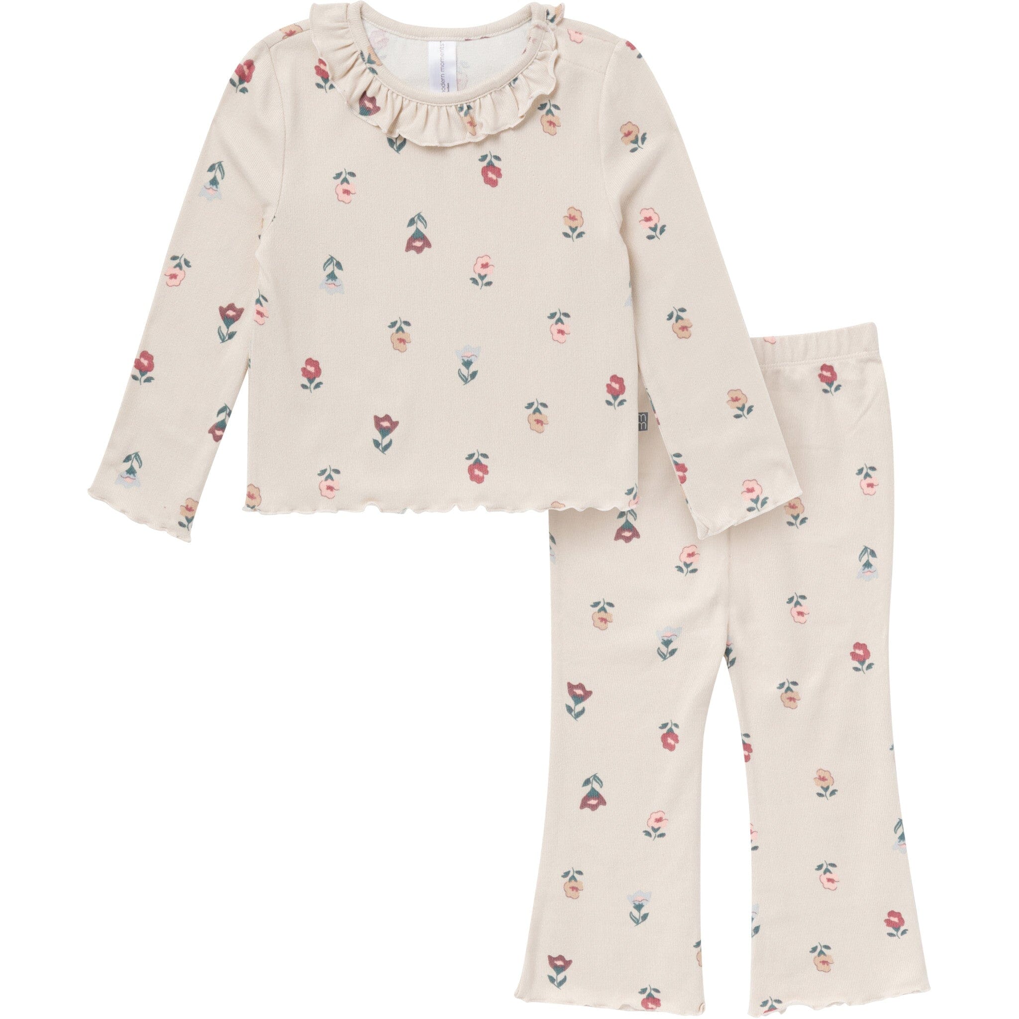 2-Piece Girls Small Flowers Ruffle Collar Top and Flare Pant Set