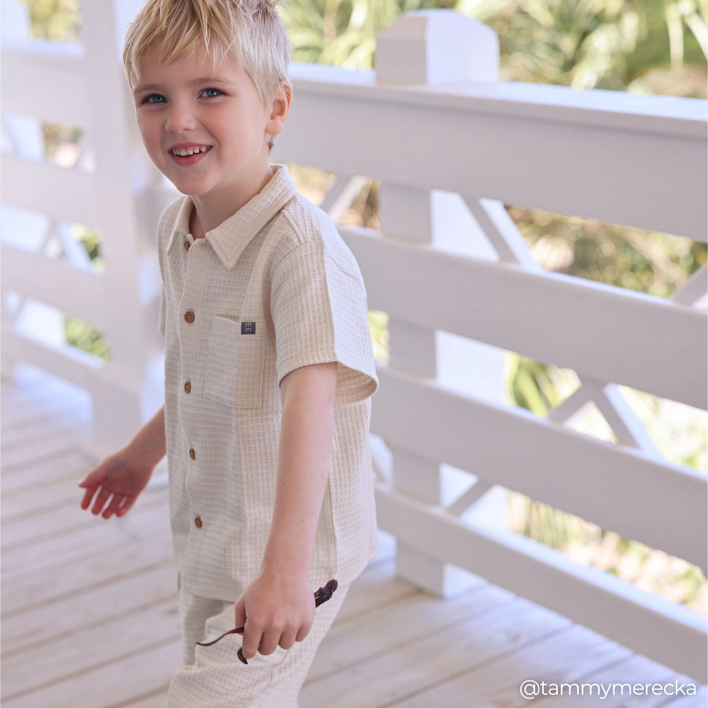 2-Piece Infant & Toddler Boys Beige Button Front Shirt and Shorts Set - Image 2