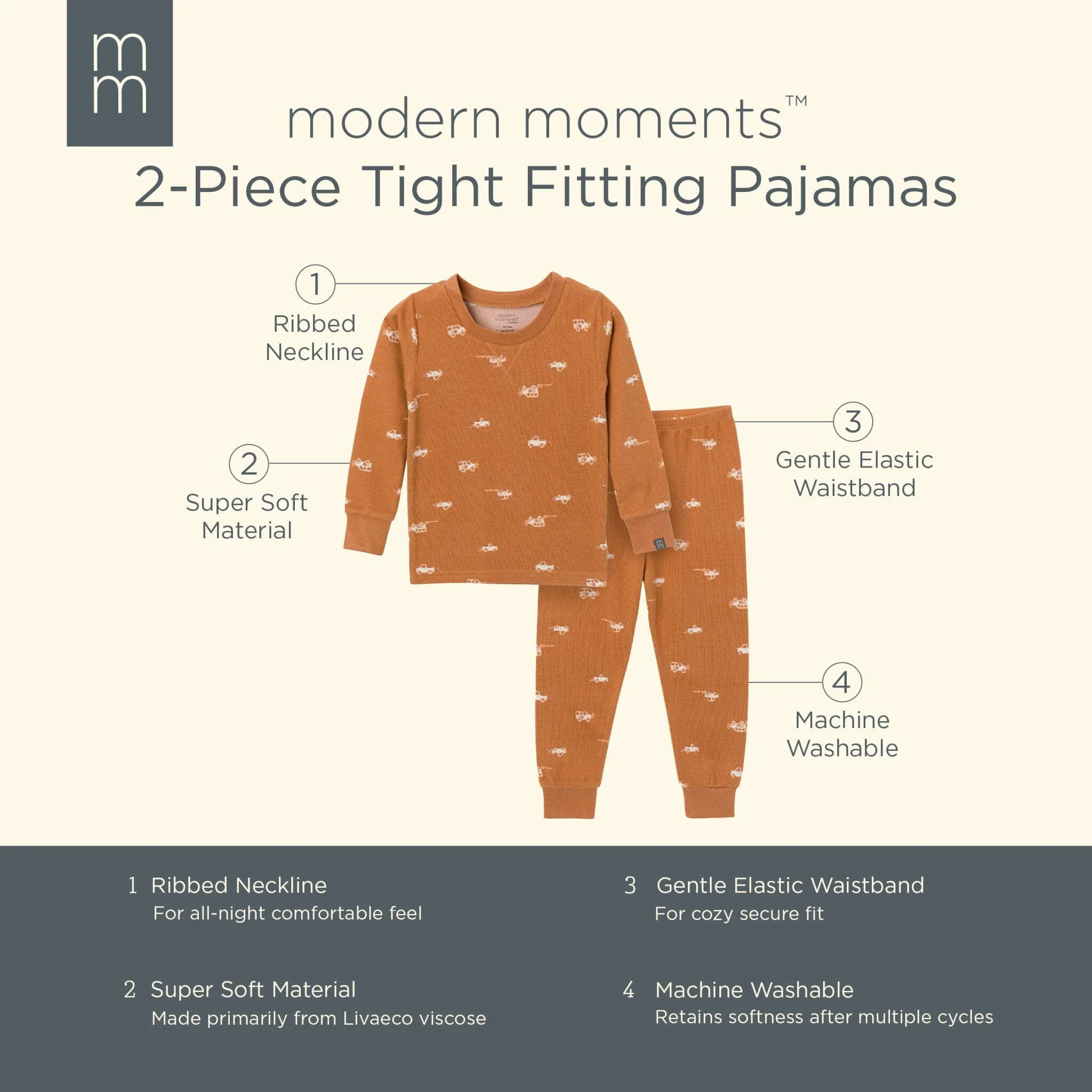 2-Piece Infant & Toddler Boys Lt Med Brown Cars Pajama Set - Image 7