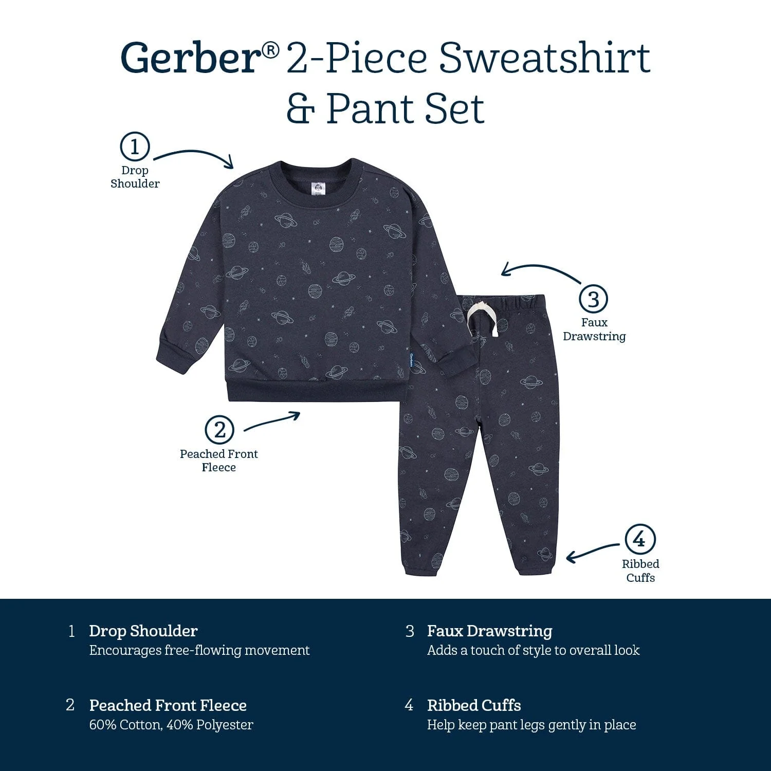 2-Piece Infant and Toddler Boys Navy Space Sweatshirt & Pant Set - Image 7
