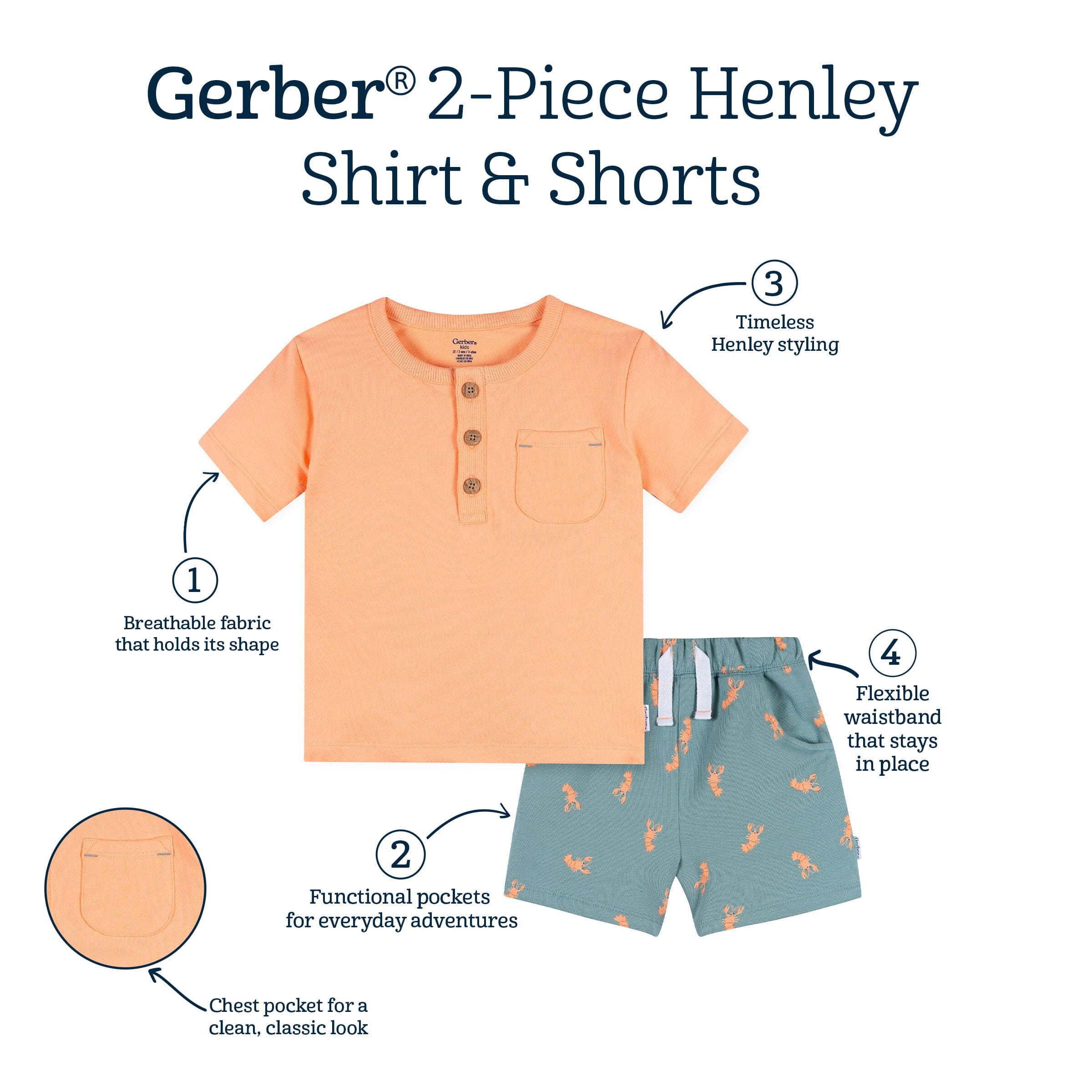 2-Piece Infant & Toddler Boys Peach Lobster Henley Top and Shorts Set - Image 8